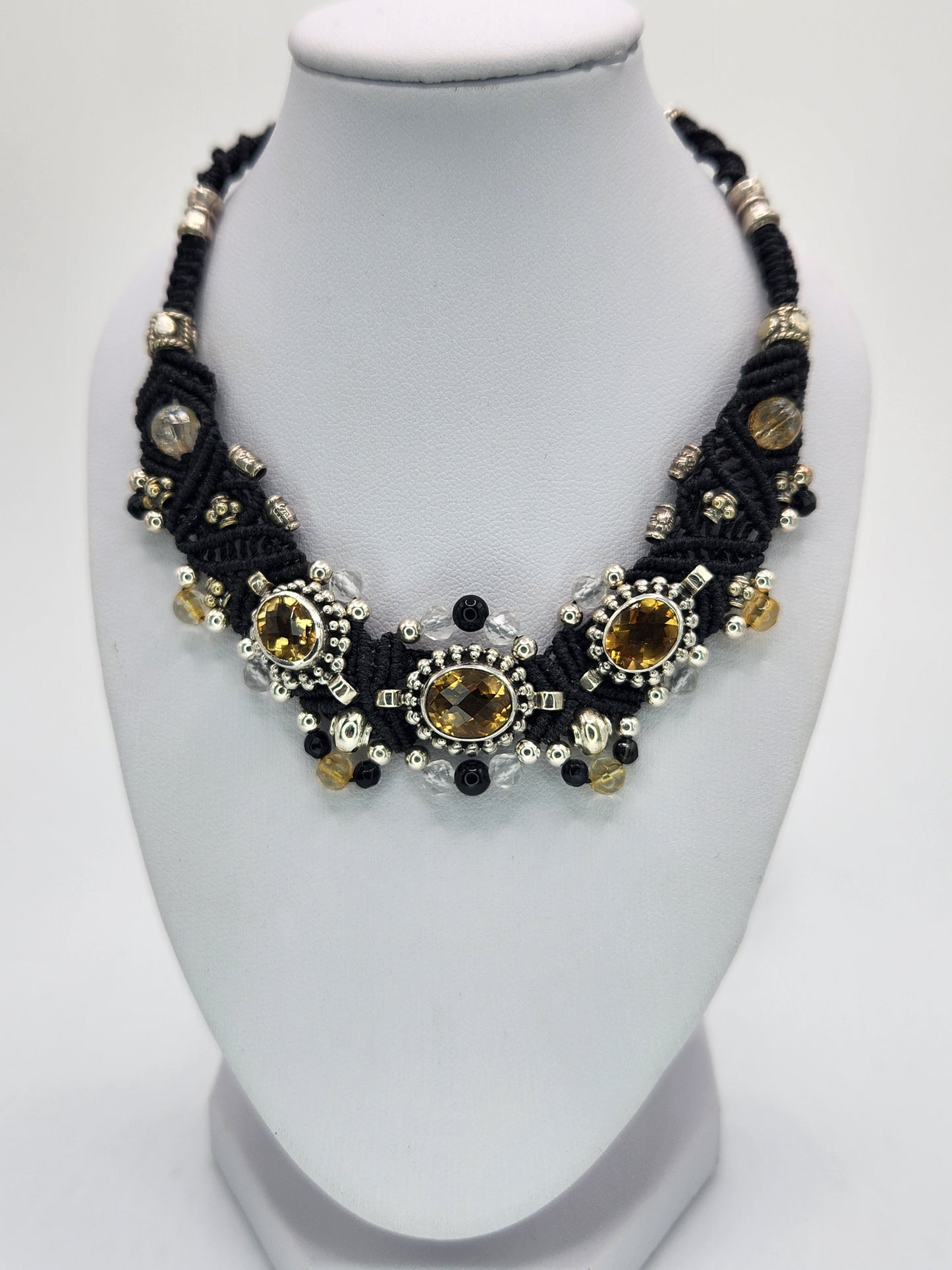 Isha Elafi - Citrine set in silver with black Onyx and clear crystal beads necklace