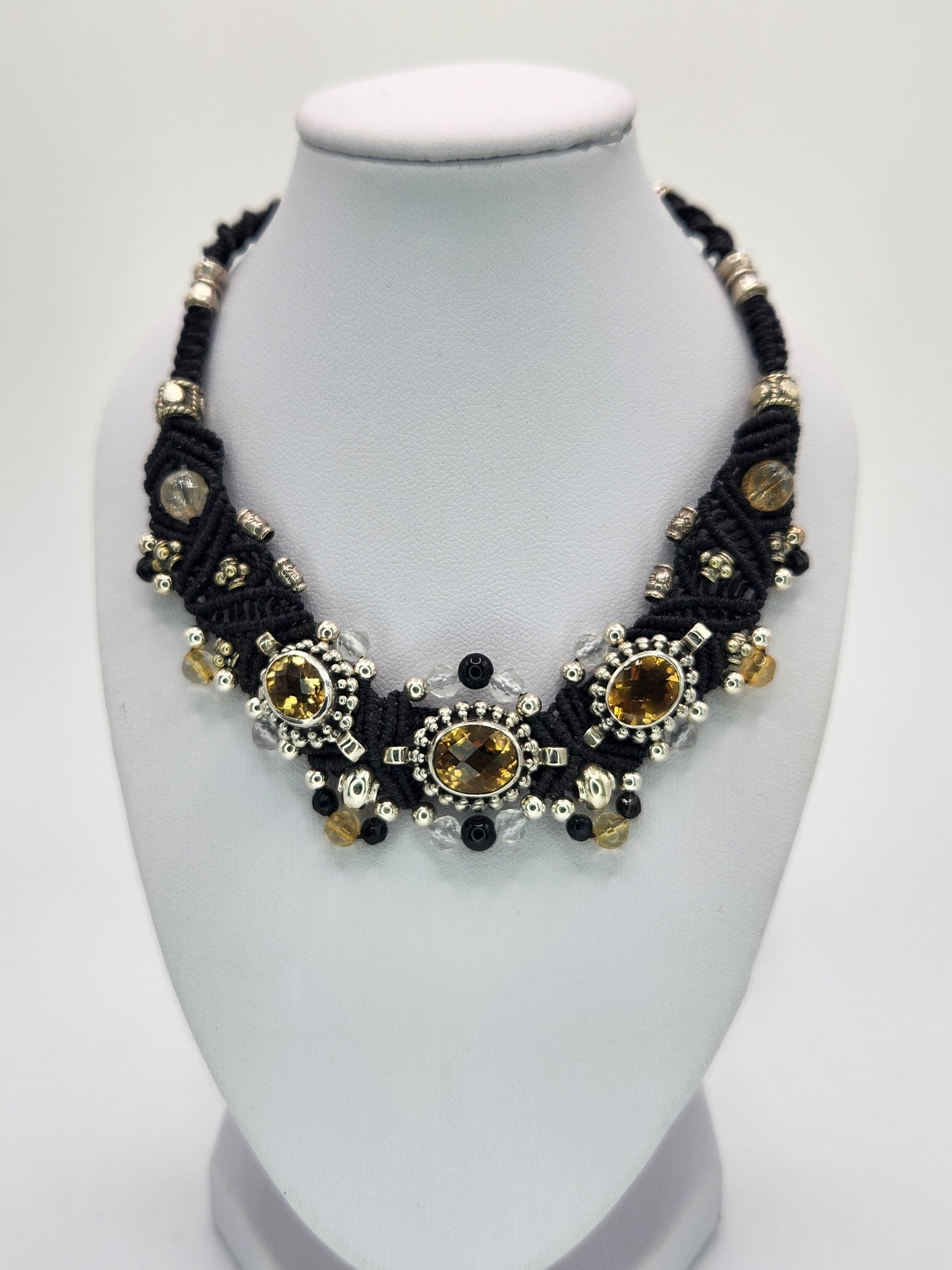 Isha Elafi - Citrine set in silver with black Onyx and clear crystal beads necklace