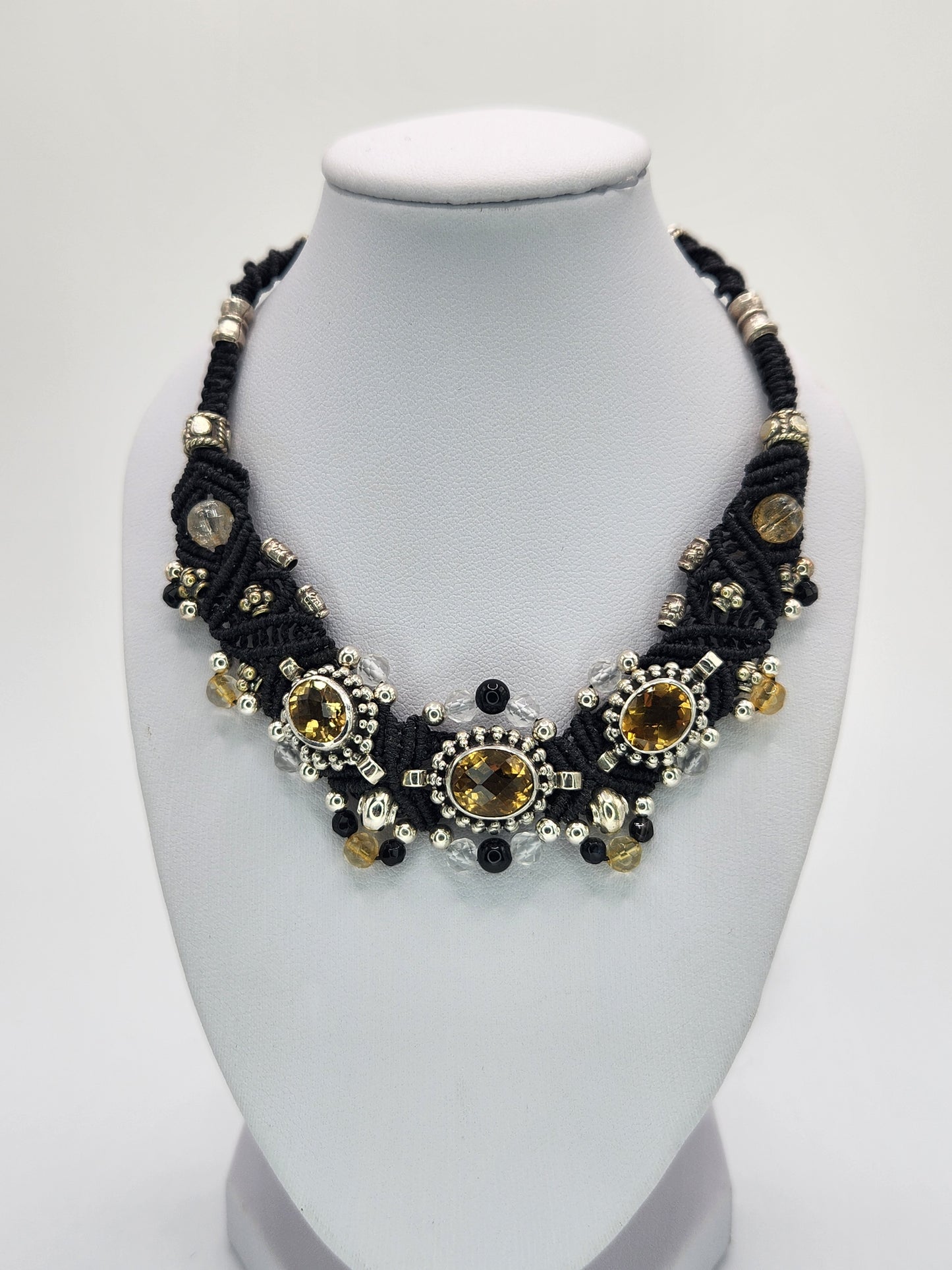 Isha Elafi - Citrine set in silver with black Onyx and clear crystal beads necklace