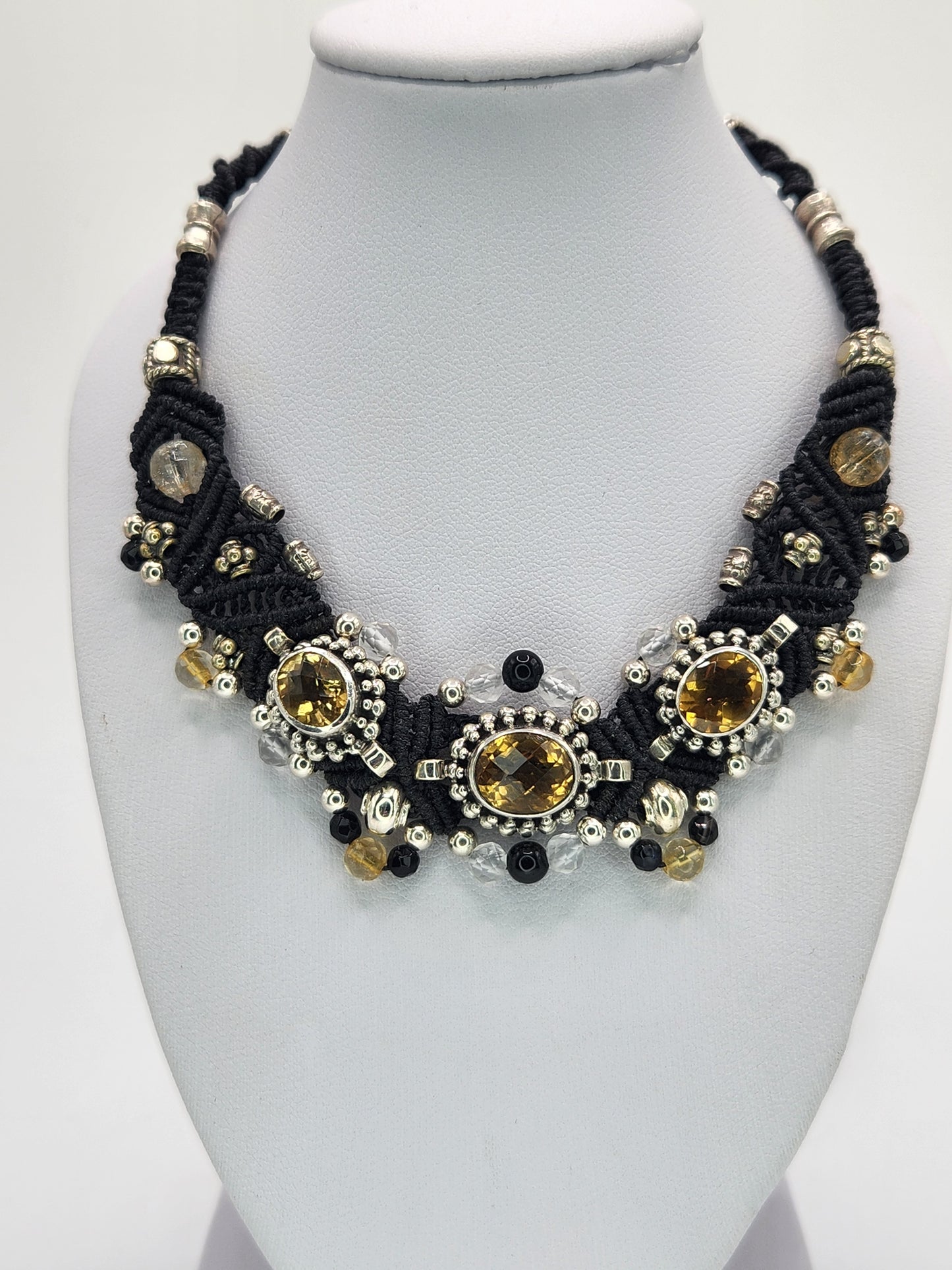 Isha Elafi - Citrine set in silver with black Onyx and clear crystal beads necklace