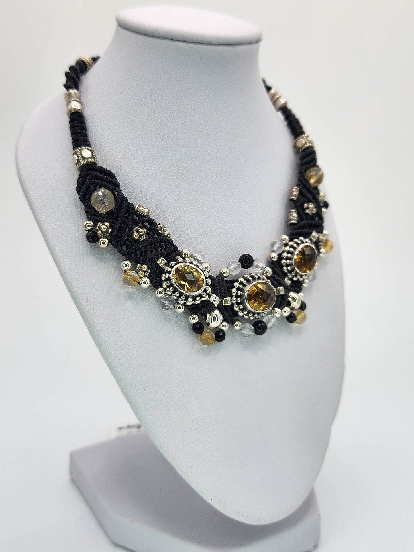 Isha Elafi - Citrine set in silver with black Onyx and clear crystal beads necklace