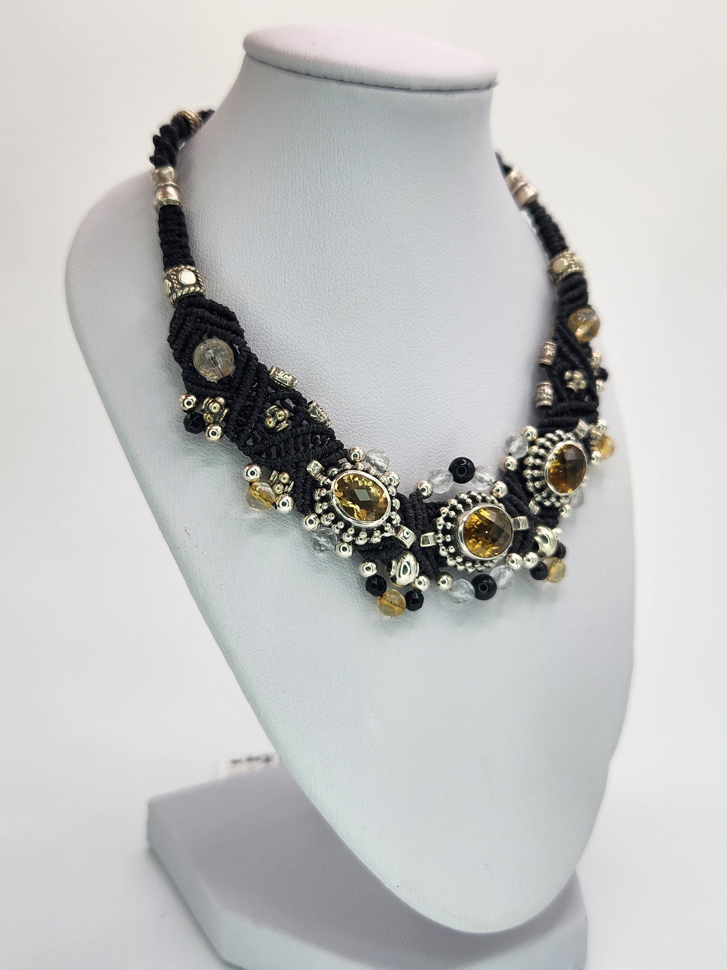 Isha Elafi - Citrine set in silver with black Onyx and clear crystal beads necklace