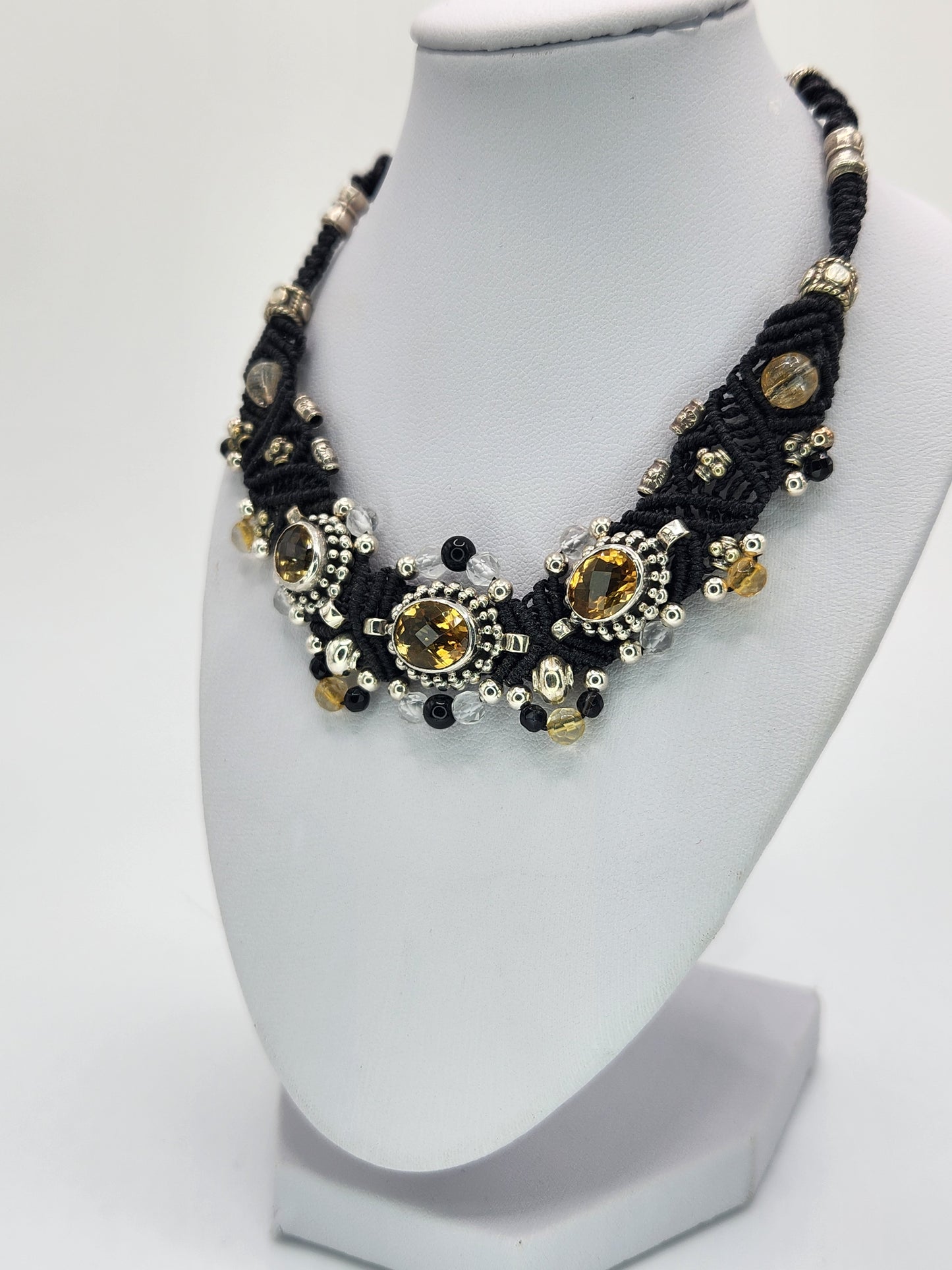 Isha Elafi - Citrine set in silver with black Onyx and clear crystal beads necklace