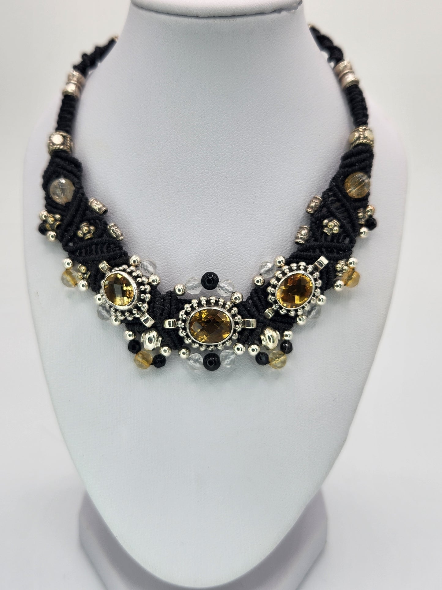 Isha Elafi - Citrine set in silver with black Onyx and clear crystal beads necklace