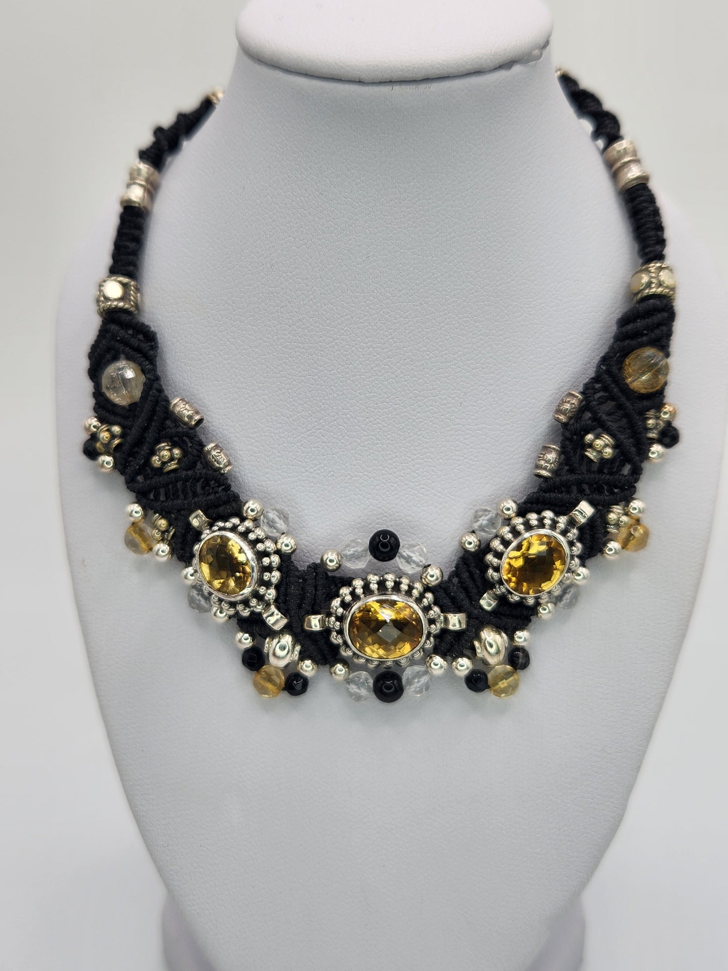 Isha Elafi - Citrine set in silver with black Onyx and clear crystal beads necklace