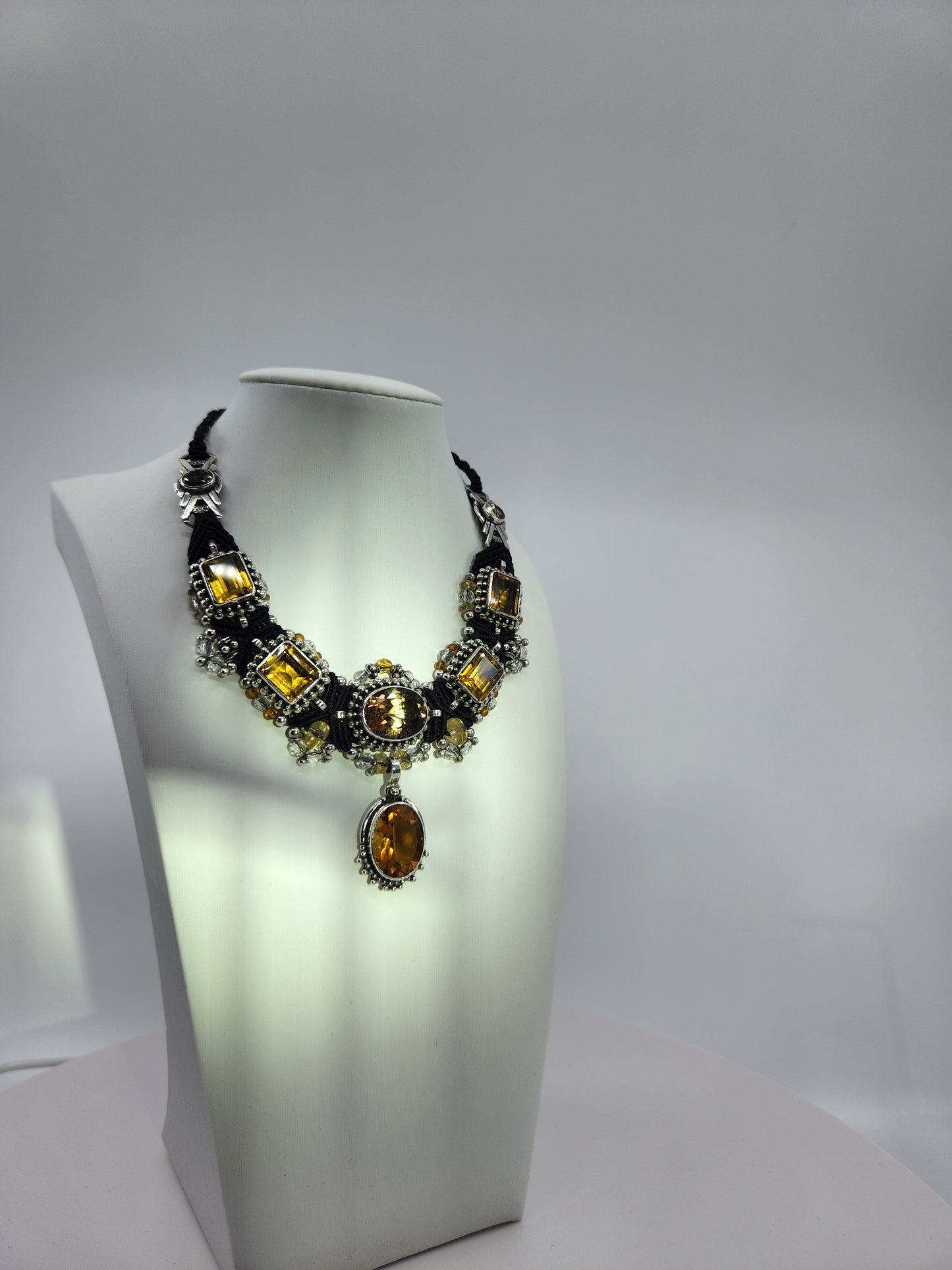 Isha Elafi - 8 Citrine Crystals with Sterling Silver and Black Knotwork Necklace