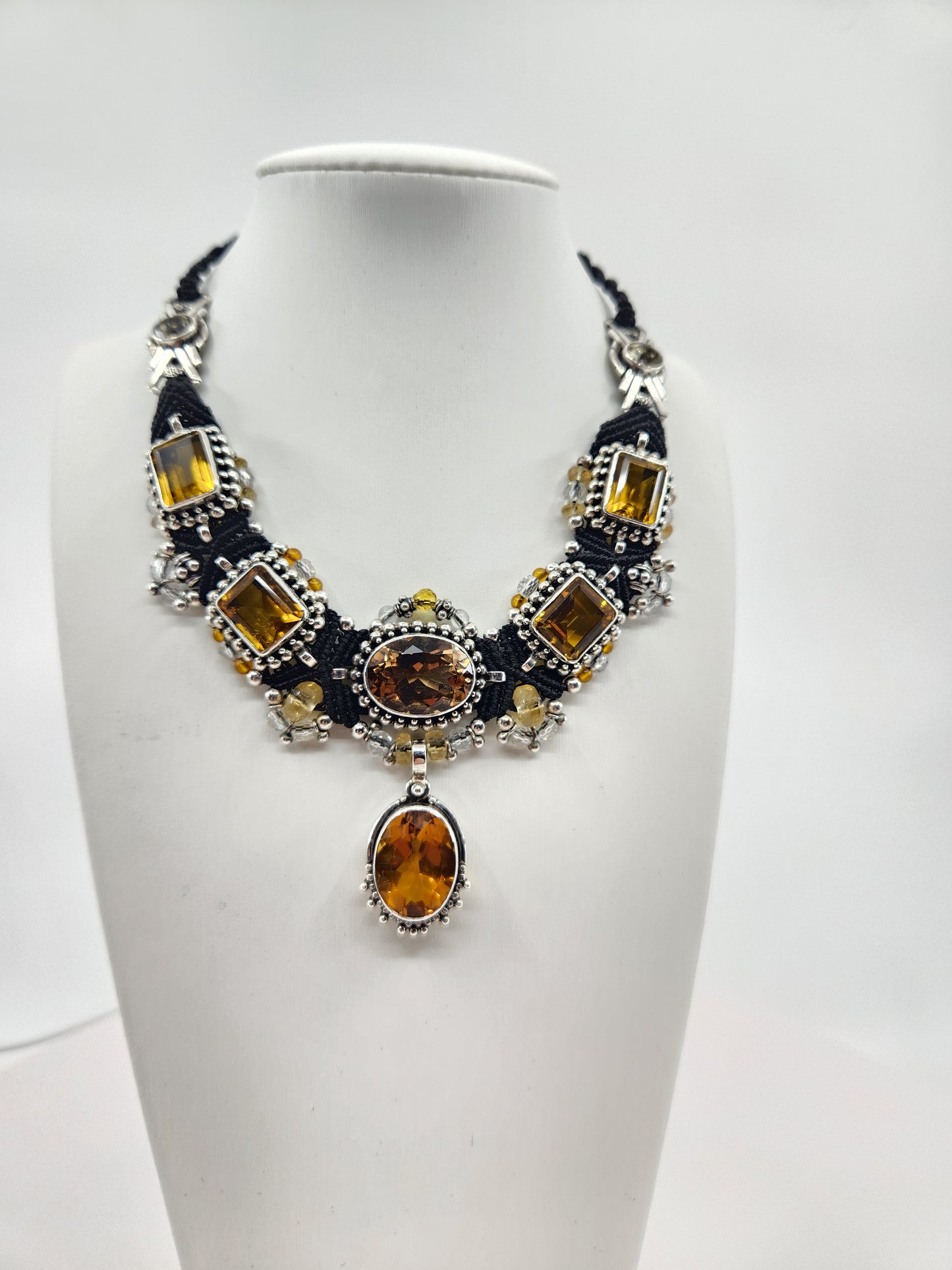 Isha Elafi - 8 Citrine Crystals with Sterling Silver and Black Knotwork Necklace