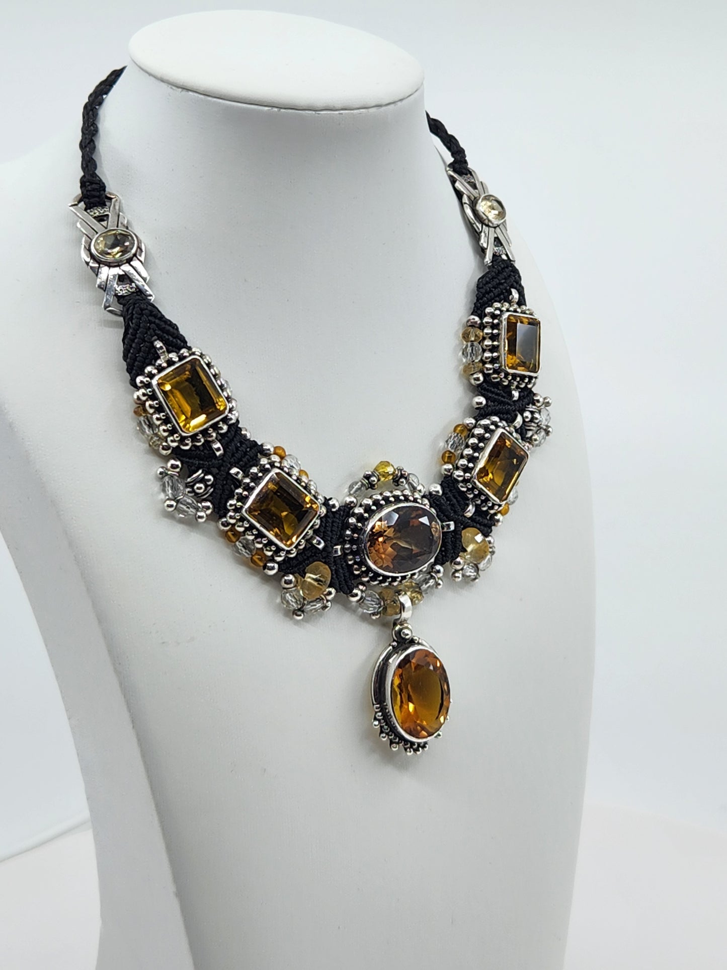 Isha Elafi - 8 Citrine Crystals with Sterling Silver and Black Knotwork Necklace