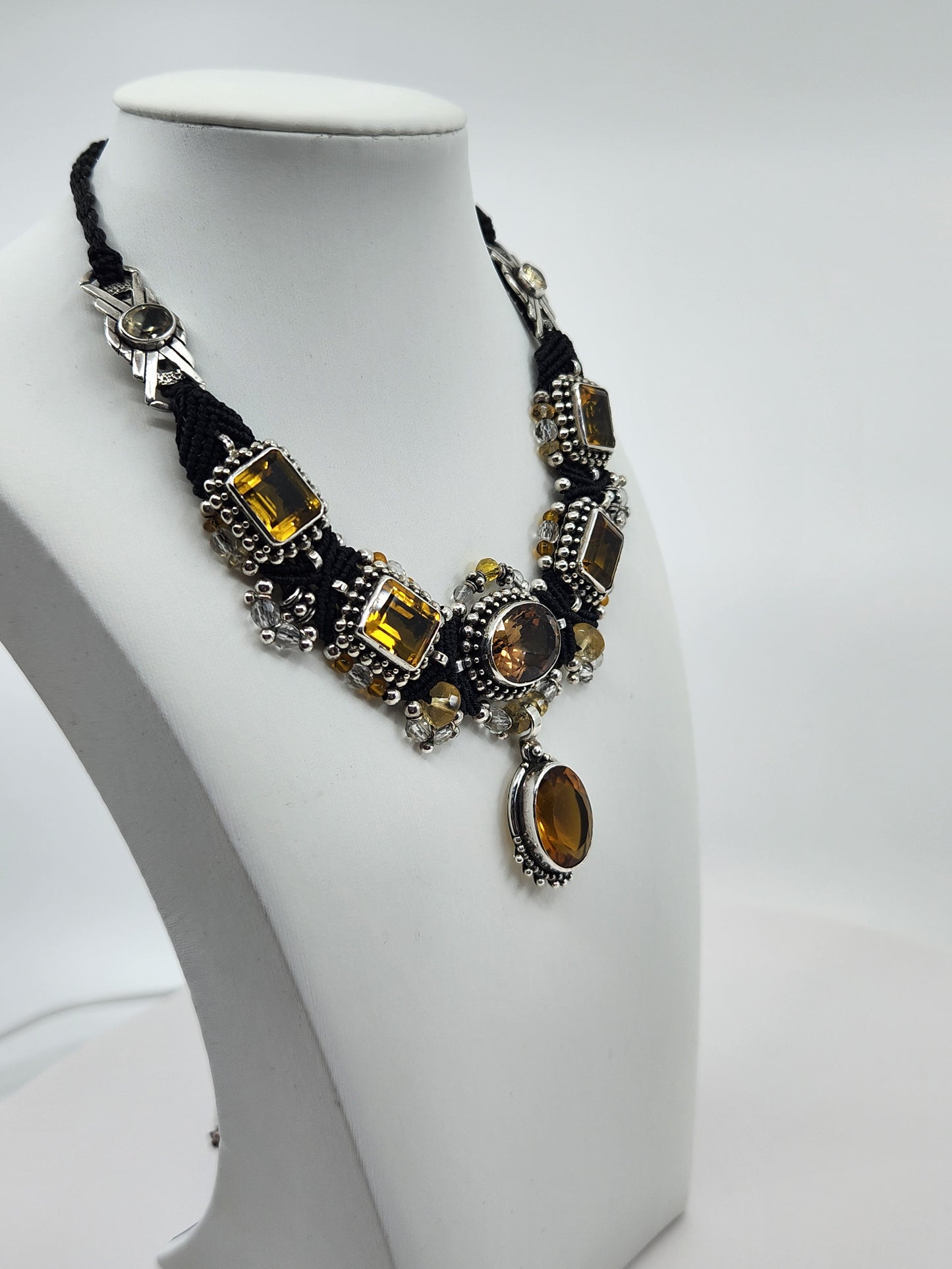 Isha Elafi - 8 Citrine Crystals with Sterling Silver and Black Knotwork Necklace