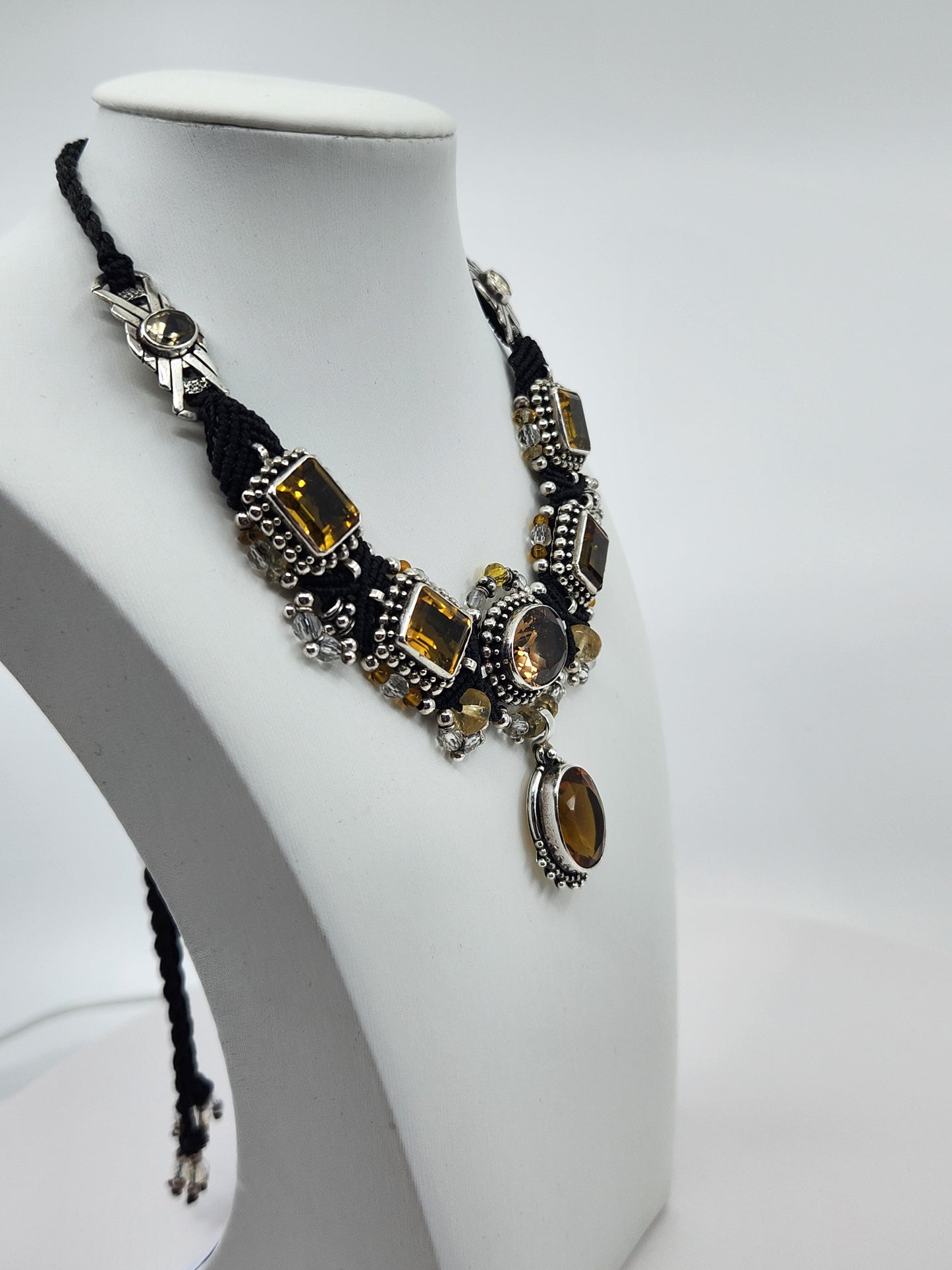 Isha Elafi - 8 Citrine Crystals with Sterling Silver and Black Knotwork Necklace