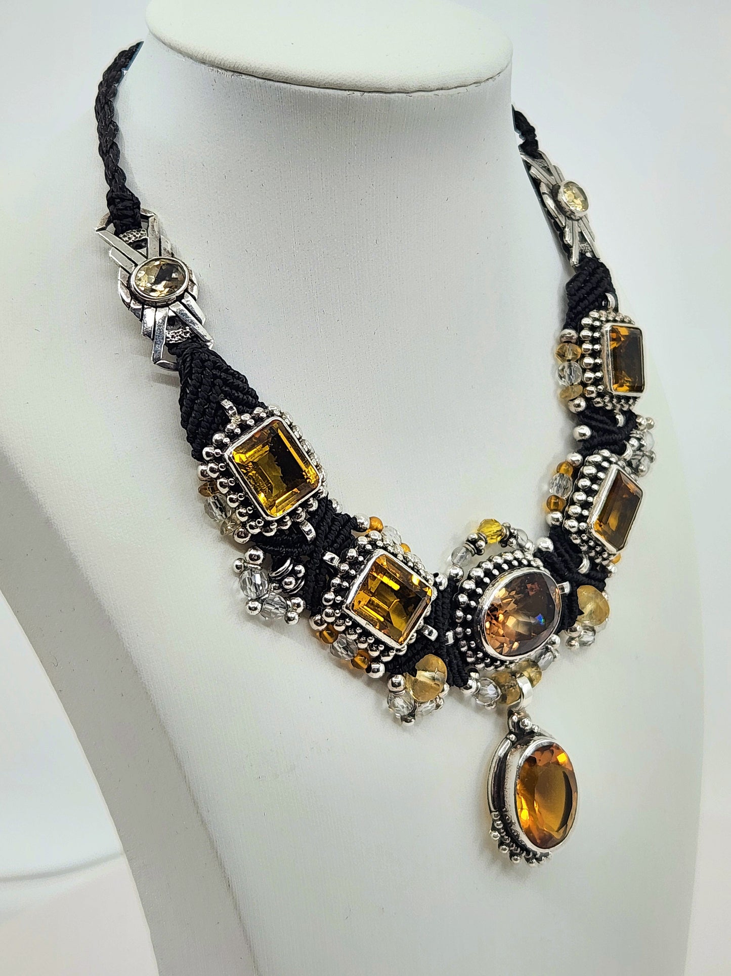 Isha Elafi - 8 Citrine Crystals with Sterling Silver and Black Knotwork Necklace