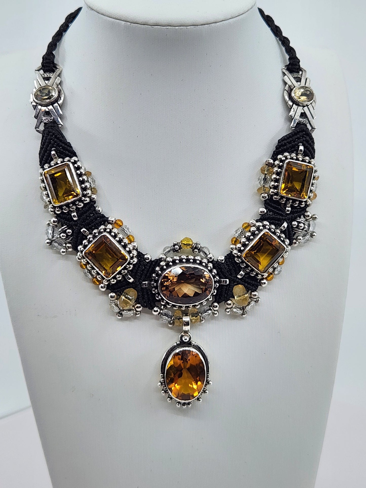 Isha Elafi - 8 Citrine Crystals with Sterling Silver and Black Knotwork Necklace