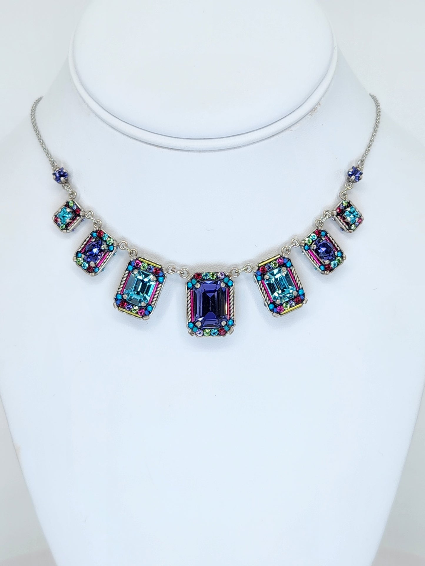 Firefly - 7 Panel Necklace with Multi-Color Purple, Blue, Pink Mosaics with Swarovski Crystals
