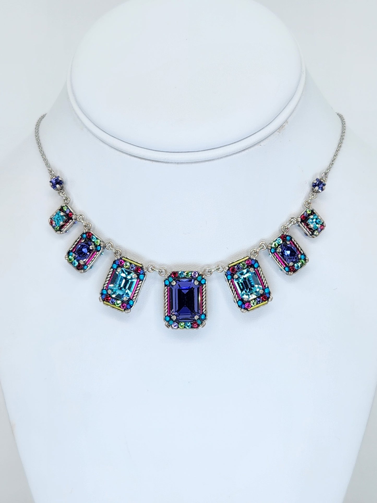 Firefly - 7 Panel Necklace with Multi-Color Purple, Blue, Pink Mosaics with Swarovski Crystals