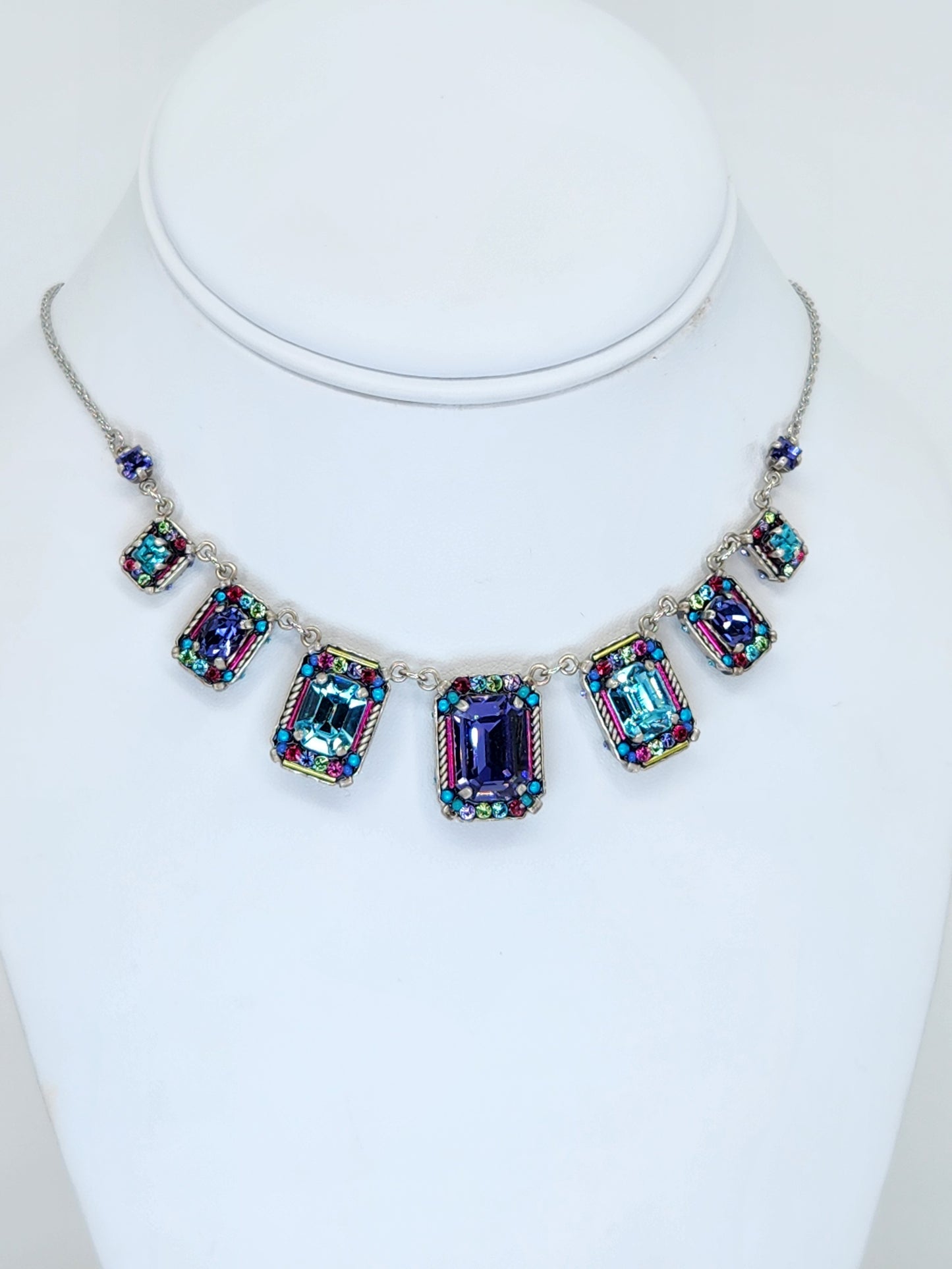 Firefly - 7 Panel Necklace with Multi-Color Purple, Blue, Pink Mosaics with Swarovski Crystals