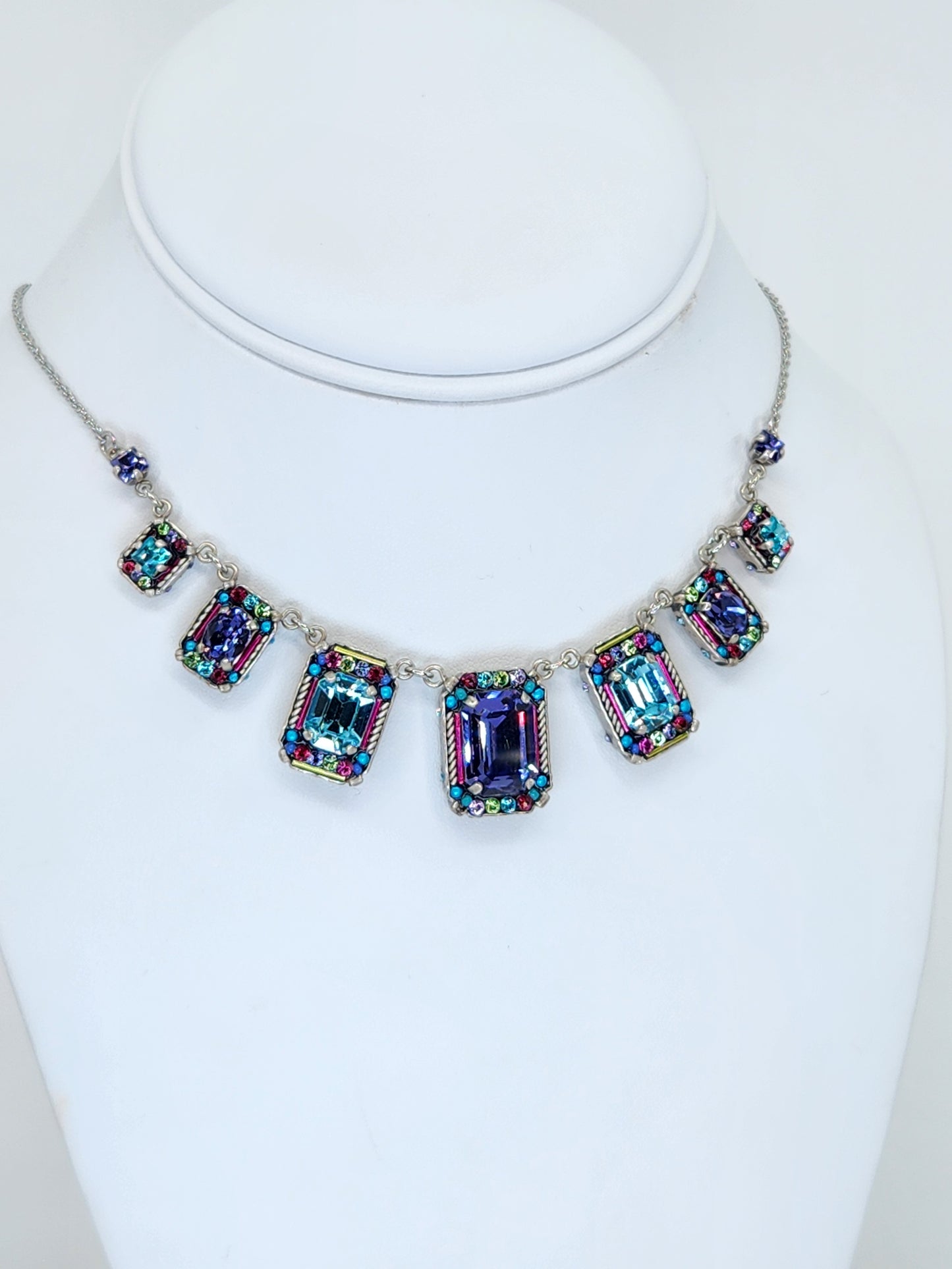 Firefly - 7 Panel Necklace with Multi-Color Purple, Blue, Pink Mosaics with Swarovski Crystals