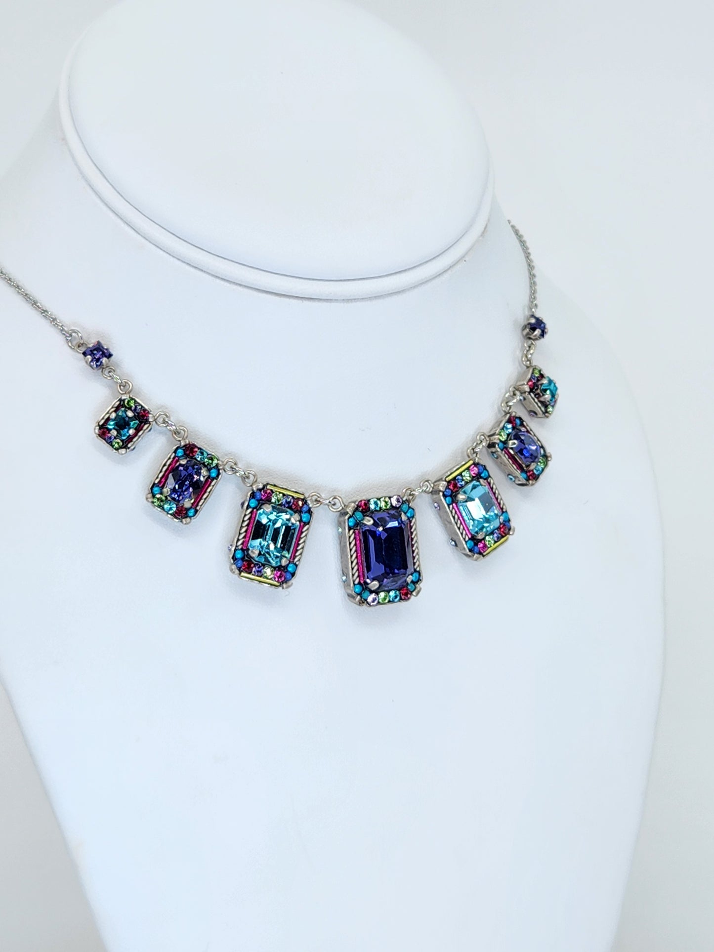 Firefly - 7 Panel Necklace with Multi-Color Purple, Blue, Pink Mosaics with Swarovski Crystals