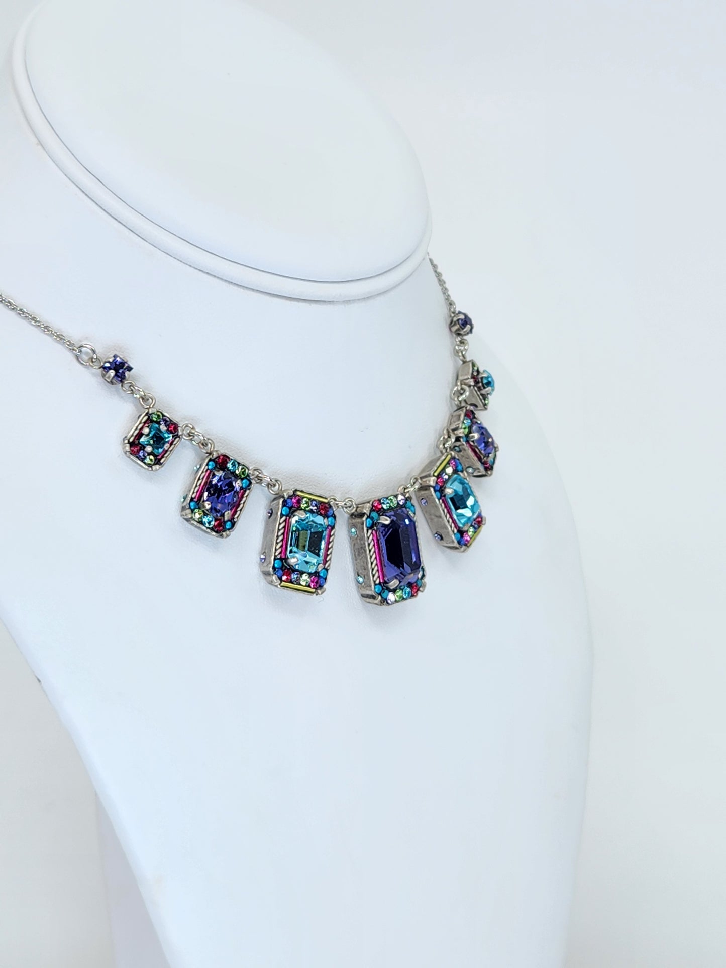 Firefly - 7 Panel Necklace with Multi-Color Purple, Blue, Pink Mosaics with Swarovski Crystals