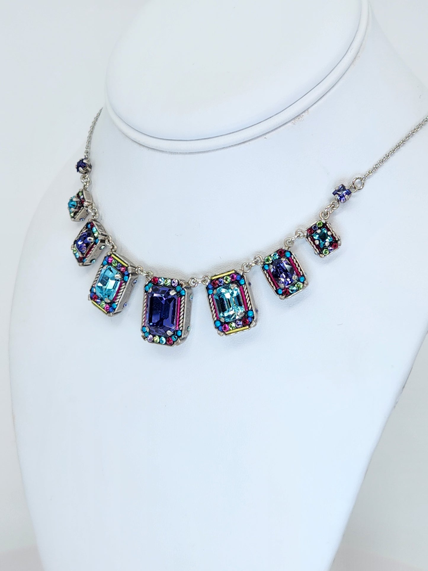 Firefly - 7 Panel Necklace with Multi-Color Purple, Blue, Pink Mosaics with Swarovski Crystals