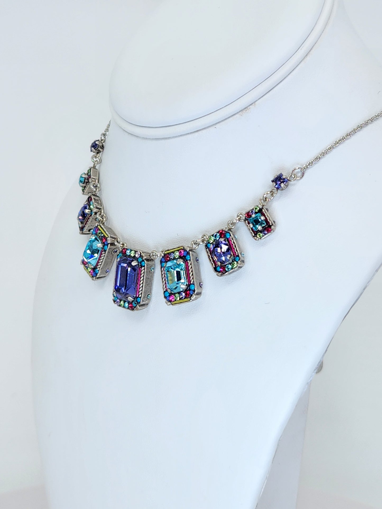 Firefly - 7 Panel Necklace with Multi-Color Purple, Blue, Pink Mosaics with Swarovski Crystals