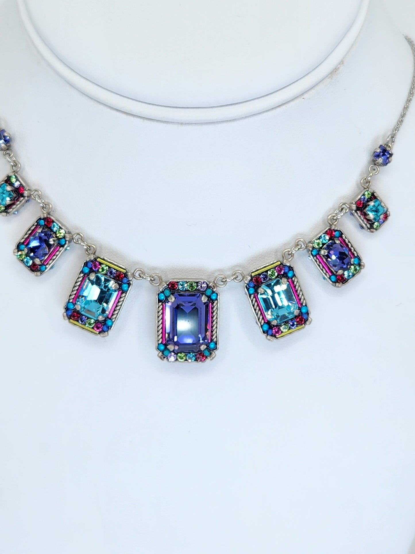 Firefly - 7 Panel Necklace with Multi-Color Purple, Blue, Pink Mosaics with Swarovski Crystals