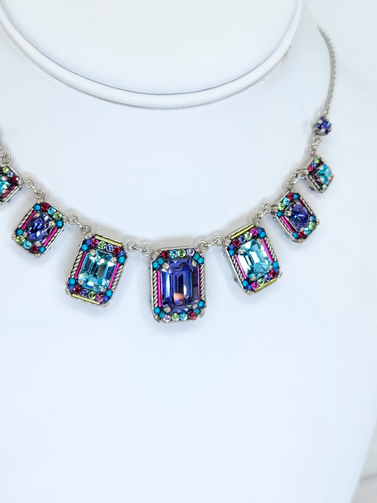 Firefly - 7 Panel Necklace with Multi-Color Purple, Blue, Pink Mosaics with Swarovski Crystals