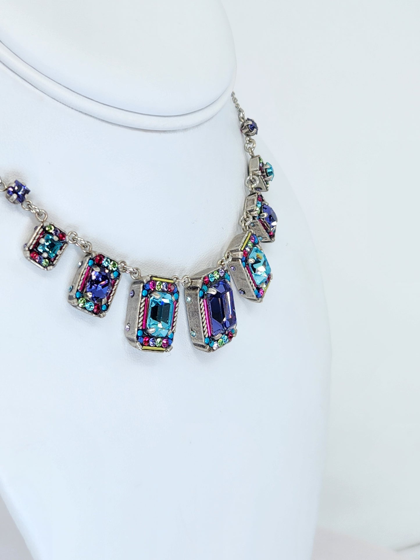 Firefly - 7 Panel Necklace with Multi-Color Purple, Blue, Pink Mosaics with Swarovski Crystals