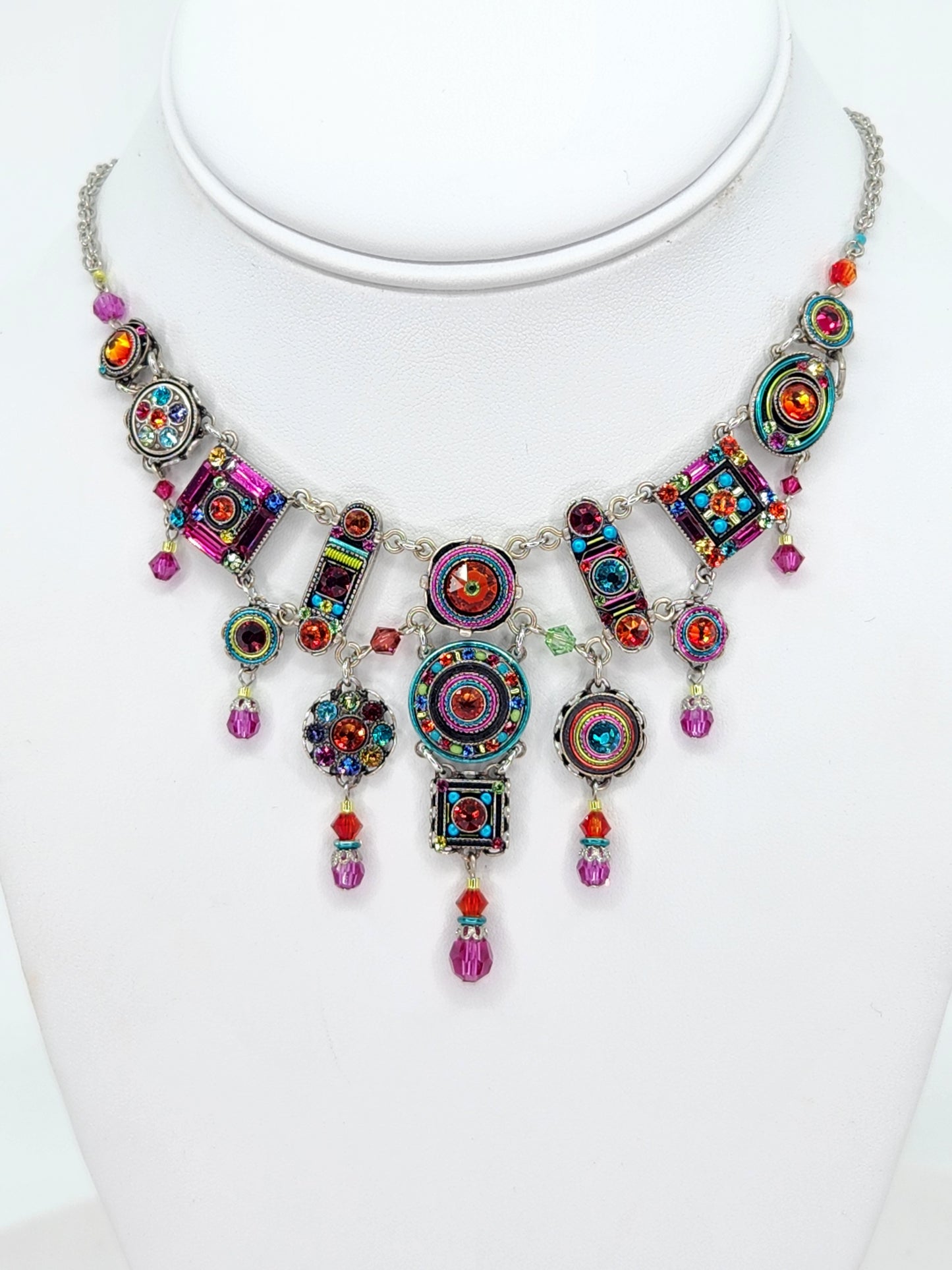 Firefly - Pink, Blue, and Tangerine Multi-Color Chandelier Necklace with Swarovski Crystals