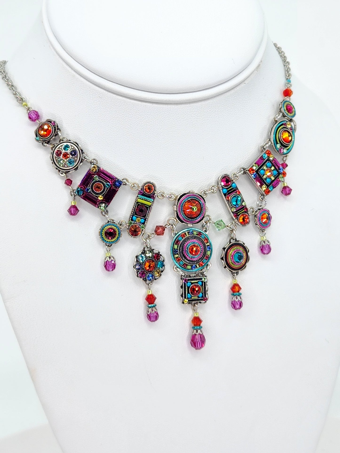 Firefly - Pink, Blue, and Tangerine Multi-Color Chandelier Necklace with Swarovski Crystals
