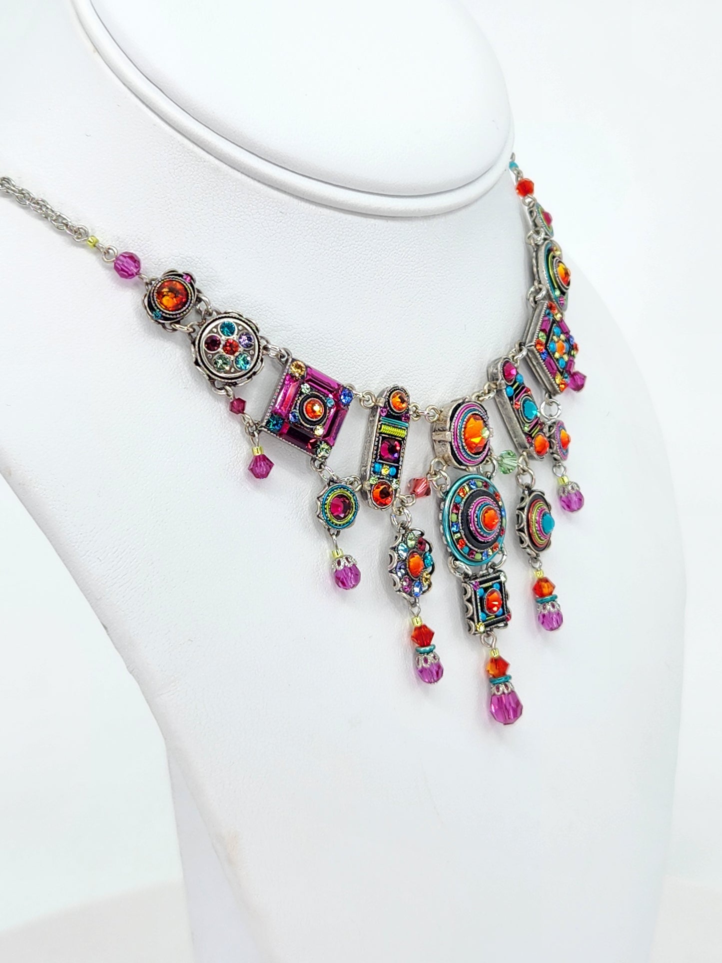 Firefly - Pink, Blue, and Tangerine Multi-Color Chandelier Necklace with Swarovski Crystals