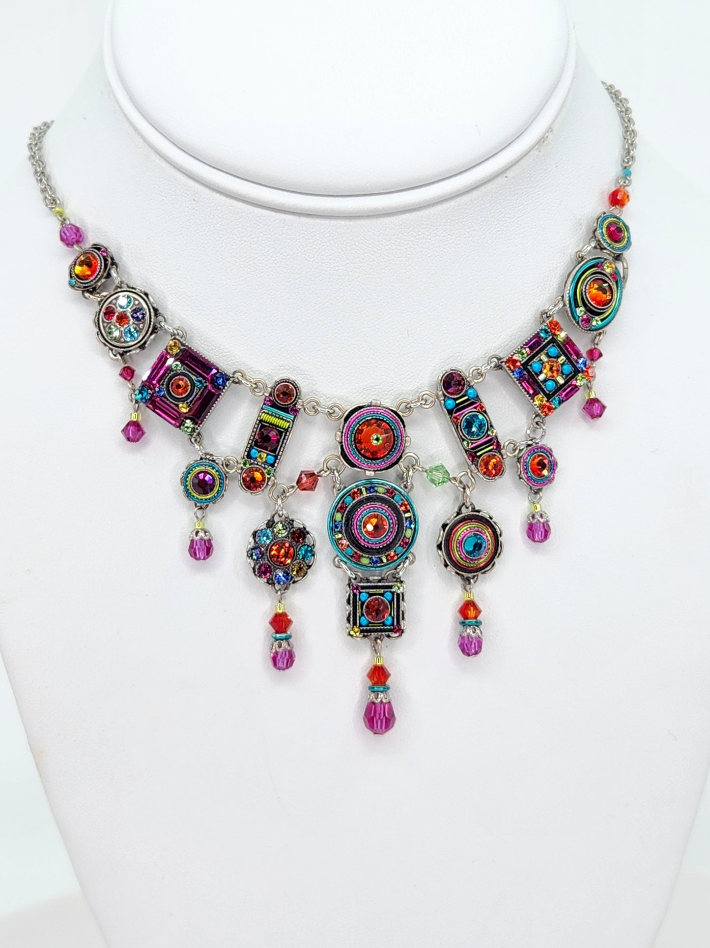 Firefly - Pink, Blue, and Tangerine Multi-Color Chandelier Necklace with Swarovski Crystals