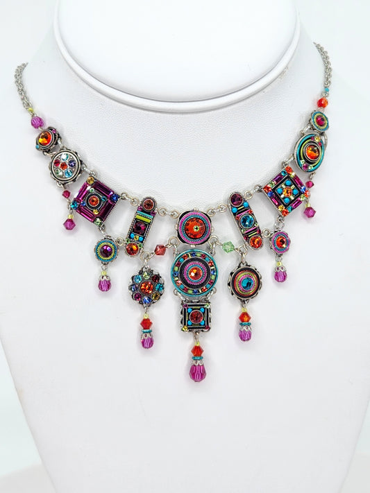 Firefly - Pink, Blue, and Tangerine Multi-Color Chandelier Necklace with Swarovski Crystals