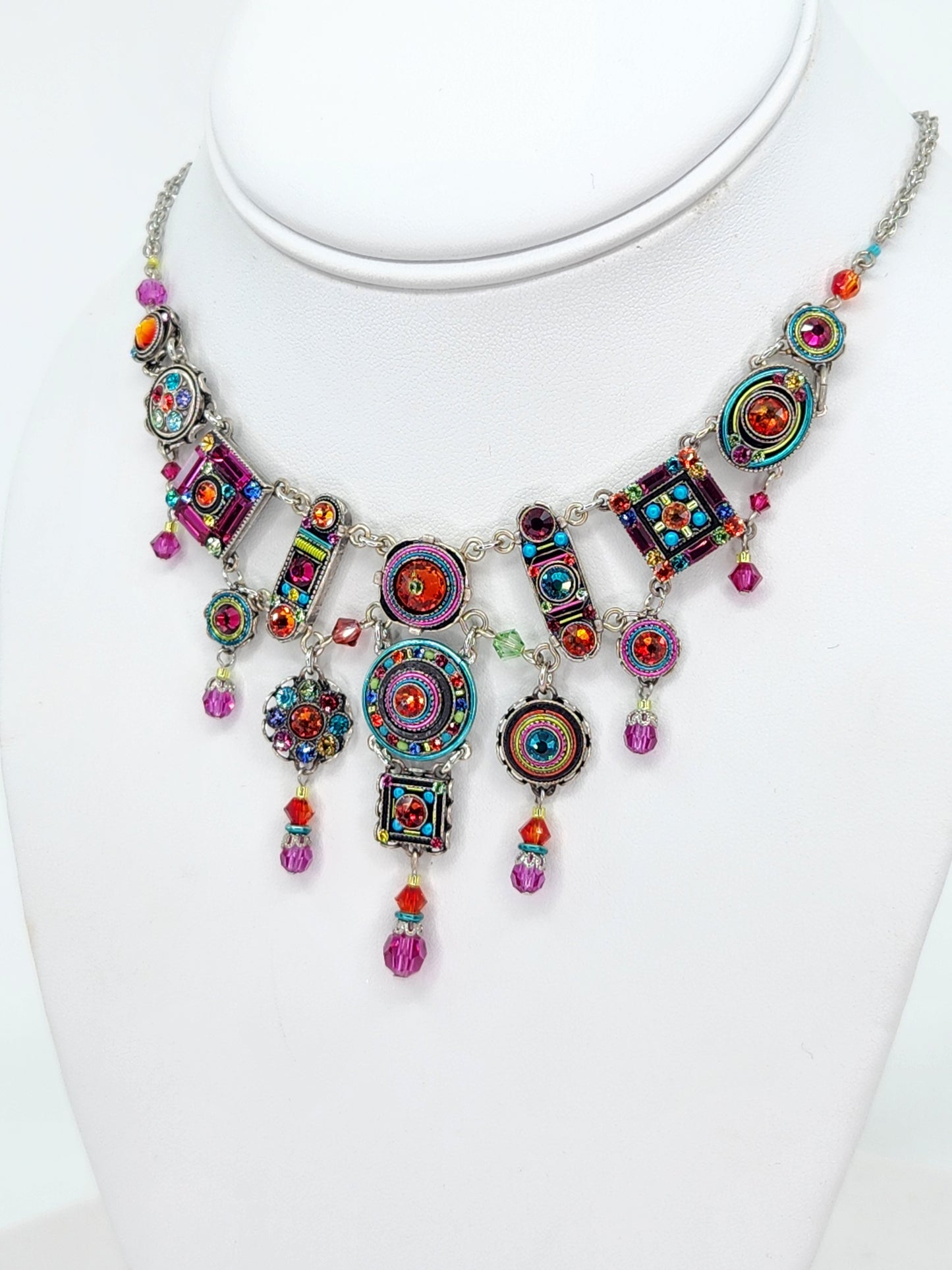 Firefly - Pink, Blue, and Tangerine Multi-Color Chandelier Necklace with Swarovski Crystals
