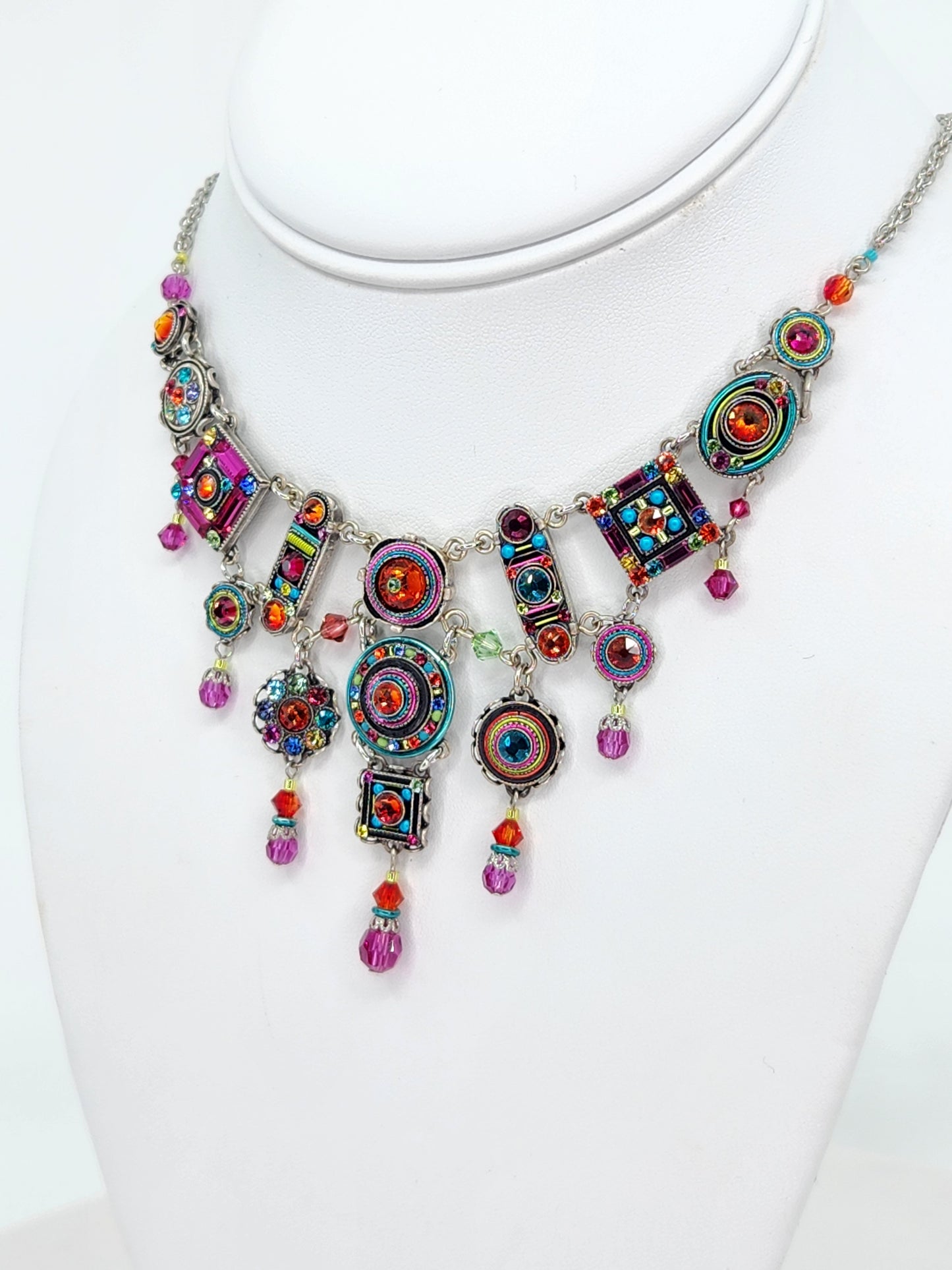 Firefly - Pink, Blue, and Tangerine Multi-Color Chandelier Necklace with Swarovski Crystals