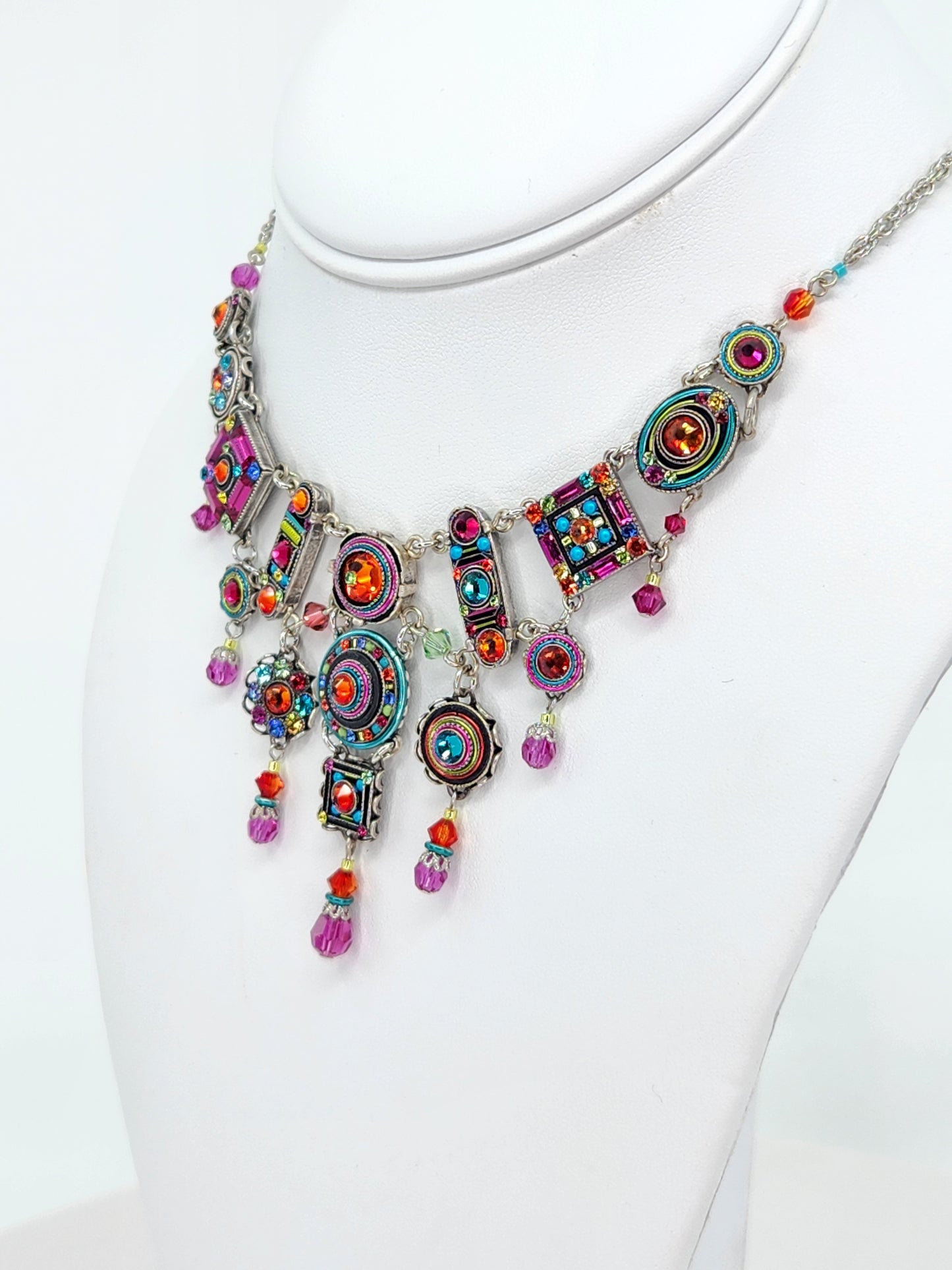 Firefly - Pink, Blue, and Tangerine Multi-Color Chandelier Necklace with Swarovski Crystals