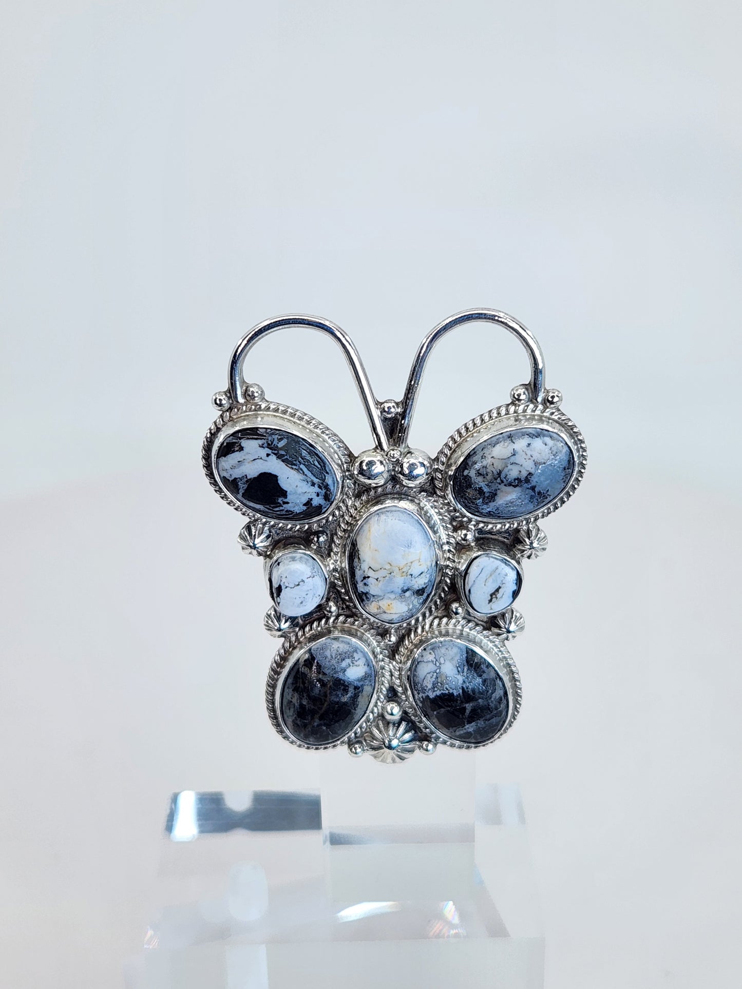 Desert Treasure: White Buffalo Butterfly Ring with black and white stone in Sterling Silver