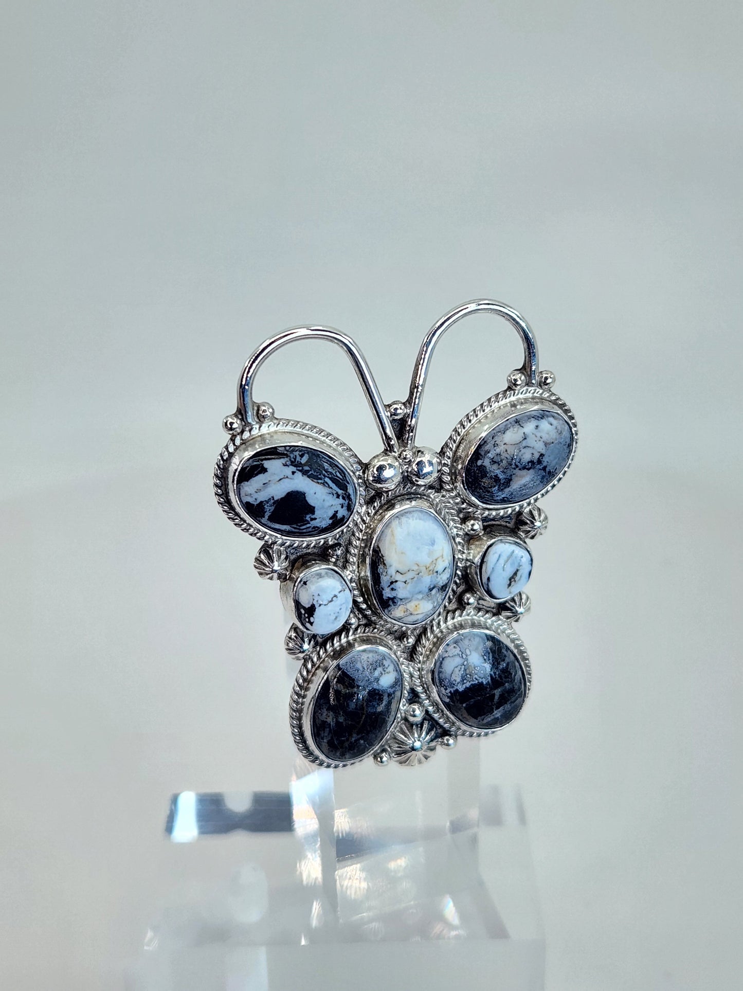 Desert Treasure: White Buffalo Butterfly Ring with black and white stone in Sterling Silver