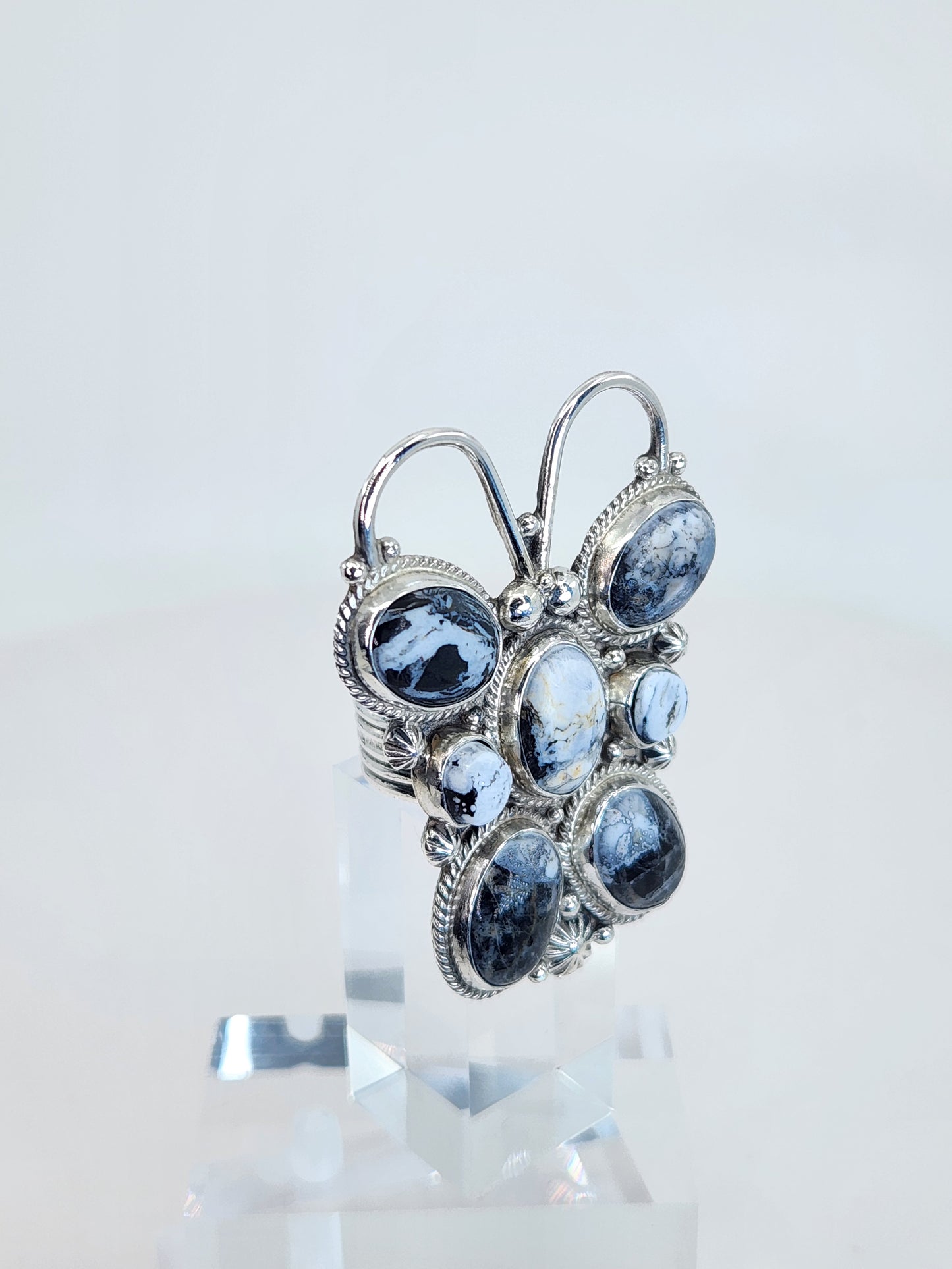 Desert Treasure: White Buffalo Butterfly Ring with black and white stone in Sterling Silver