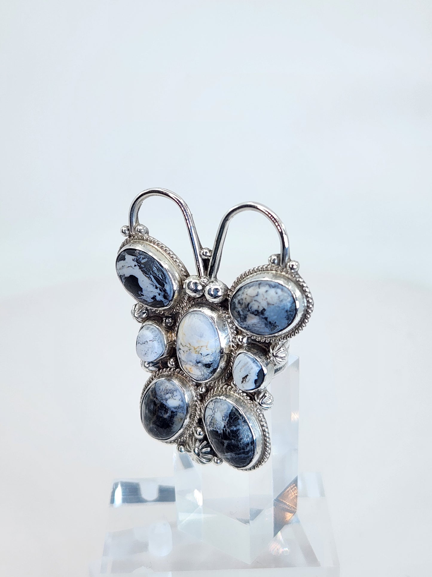 Desert Treasure: White Buffalo Butterfly Ring with black and white stone in Sterling Silver