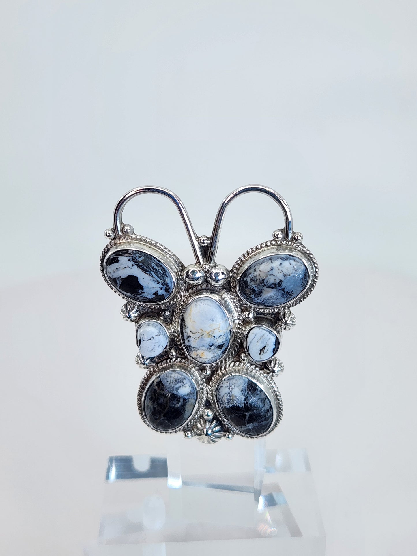 Desert Treasure: White Buffalo Butterfly Ring with black and white stone in Sterling Silver