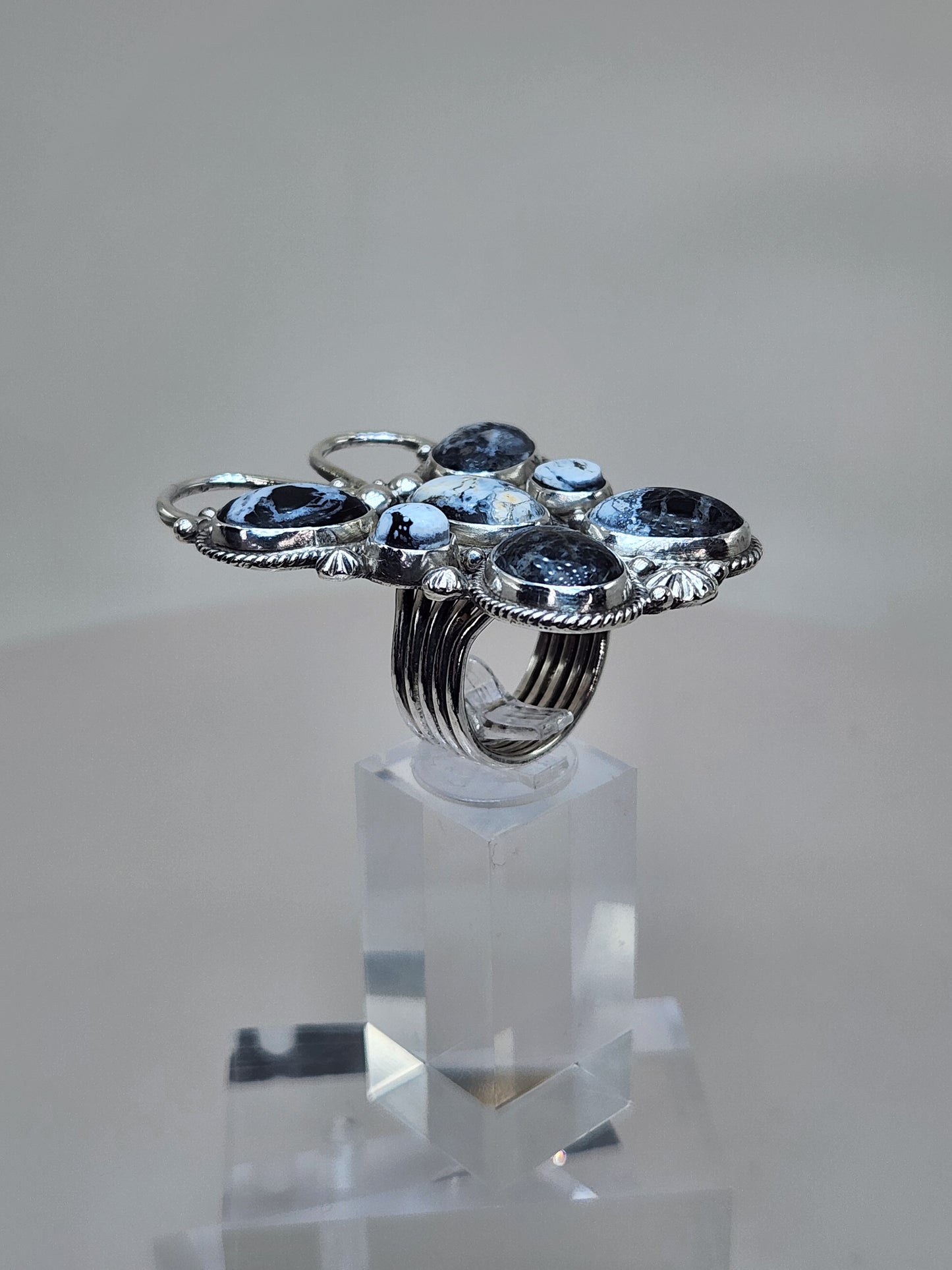 Desert Treasure: White Buffalo Butterfly Ring with black and white stone in Sterling Silver