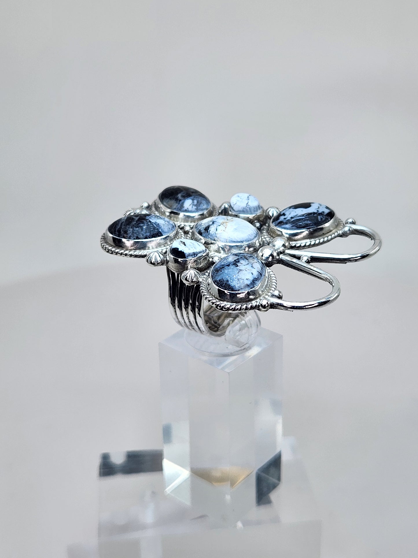 Desert Treasure: White Buffalo Butterfly Ring with black and white stone in Sterling Silver