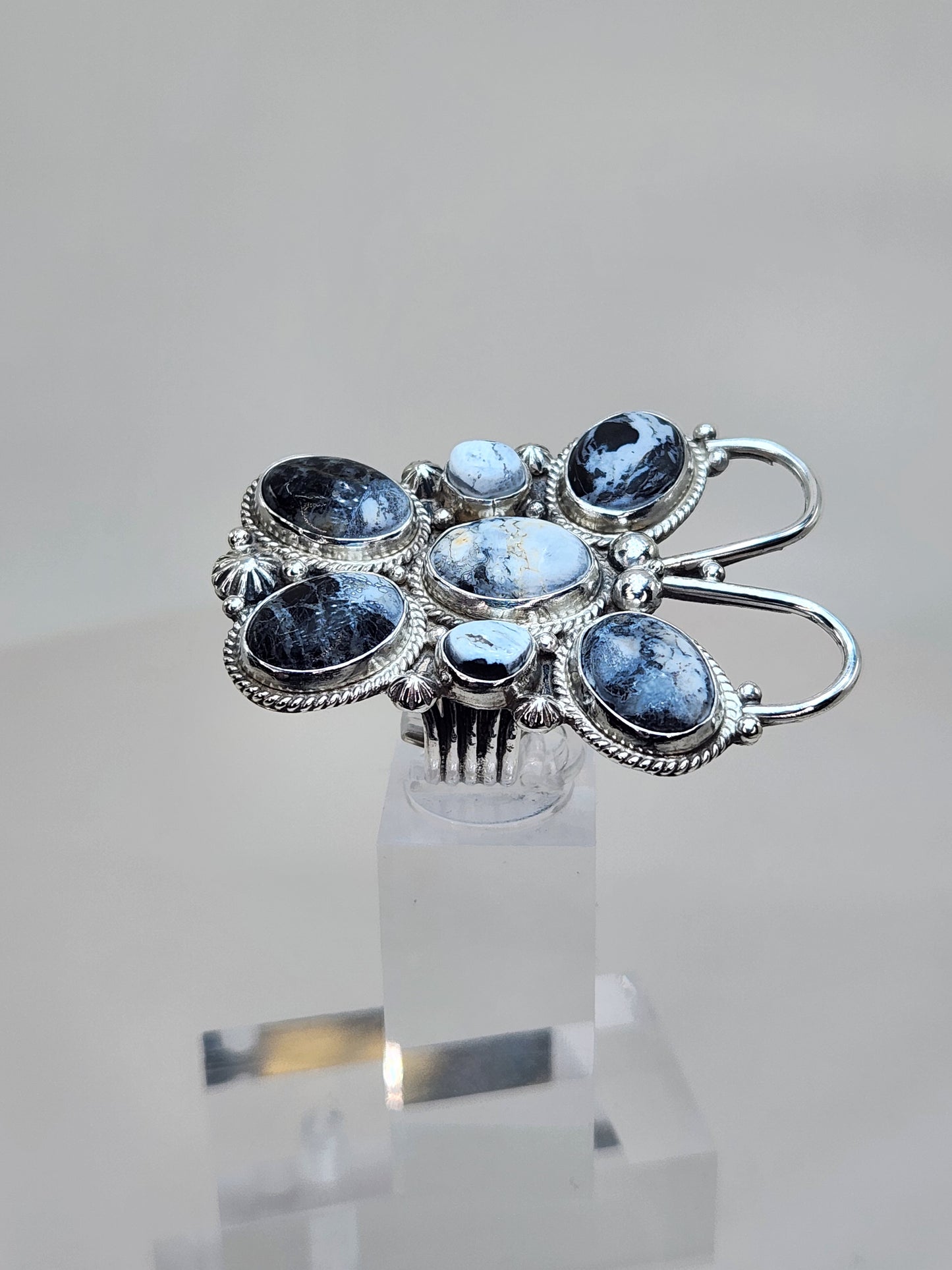 Desert Treasure: White Buffalo Butterfly Ring with black and white stone in Sterling Silver