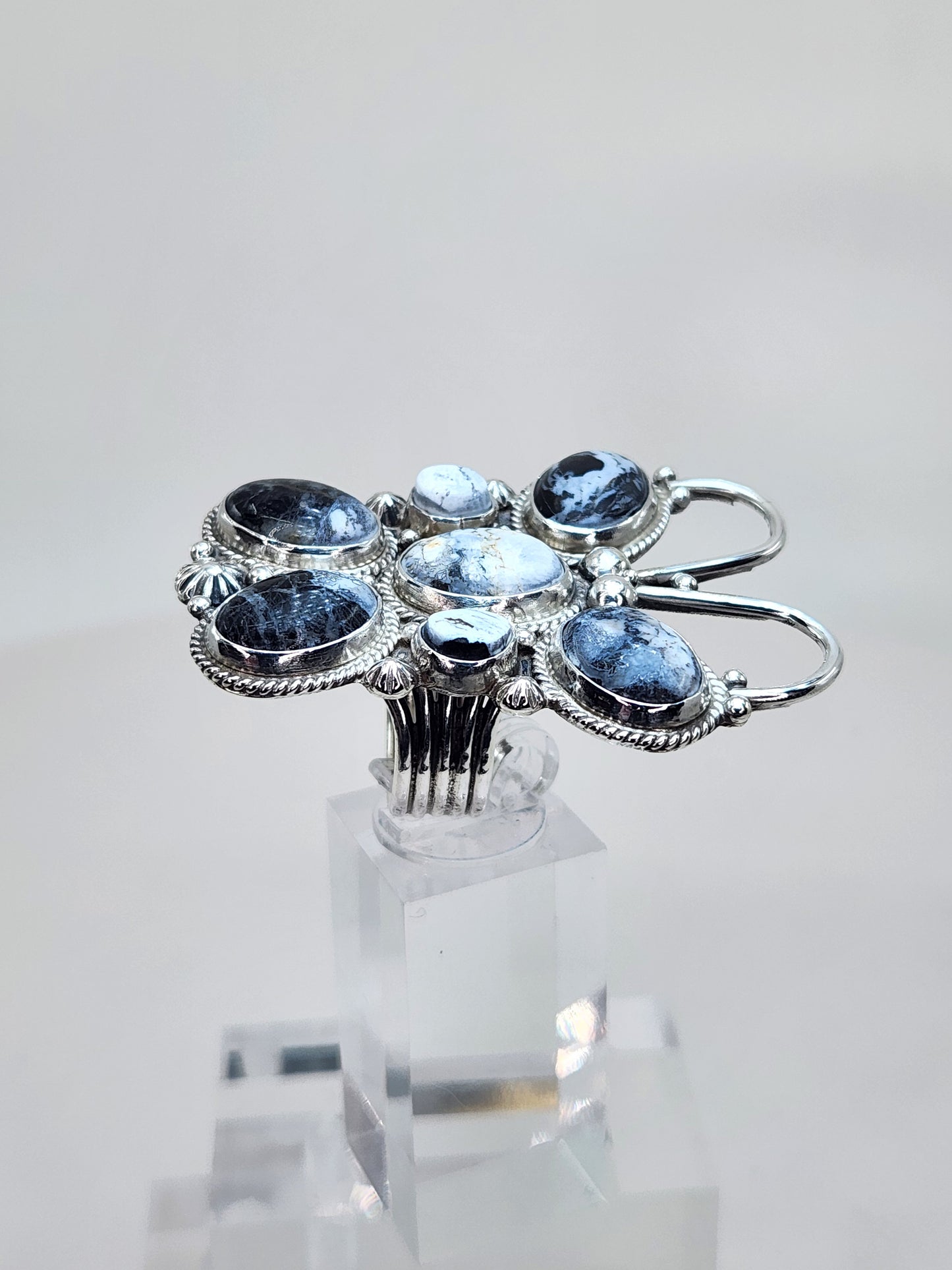 Desert Treasure: White Buffalo Butterfly Ring with black and white stone in Sterling Silver