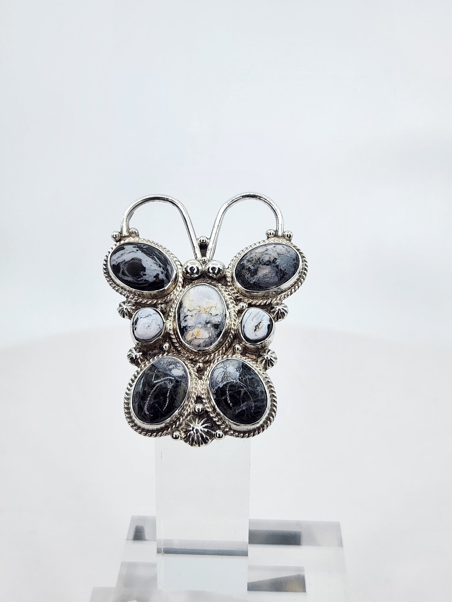 Desert Treasure: White Buffalo Butterfly Ring with black and white stone in Sterling Silver