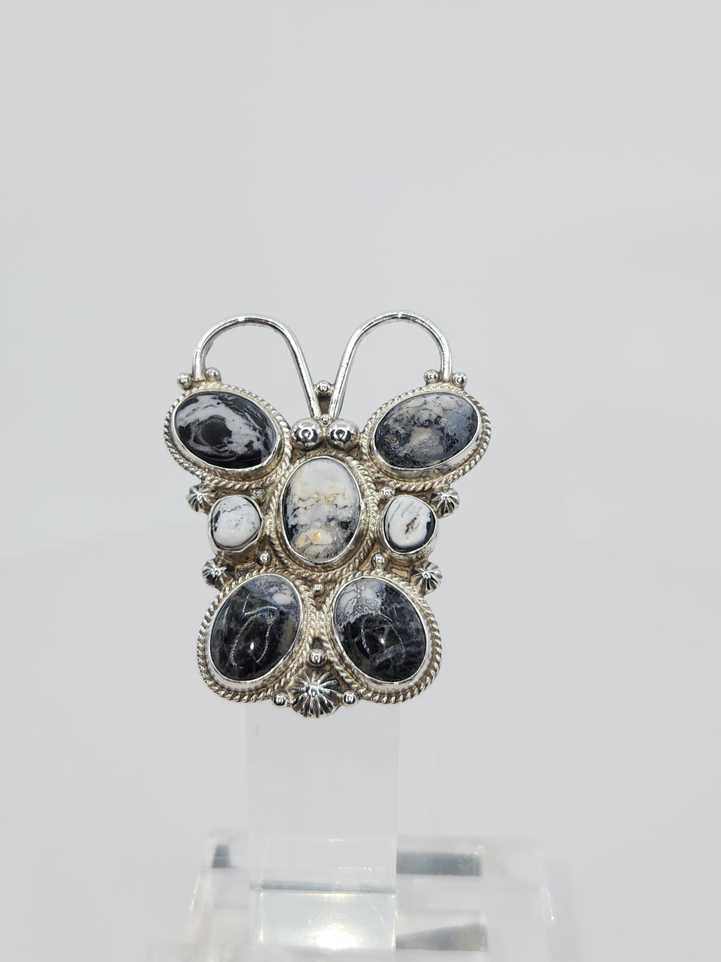 Desert Treasure: White Buffalo Butterfly Ring with black and white stone in Sterling Silver