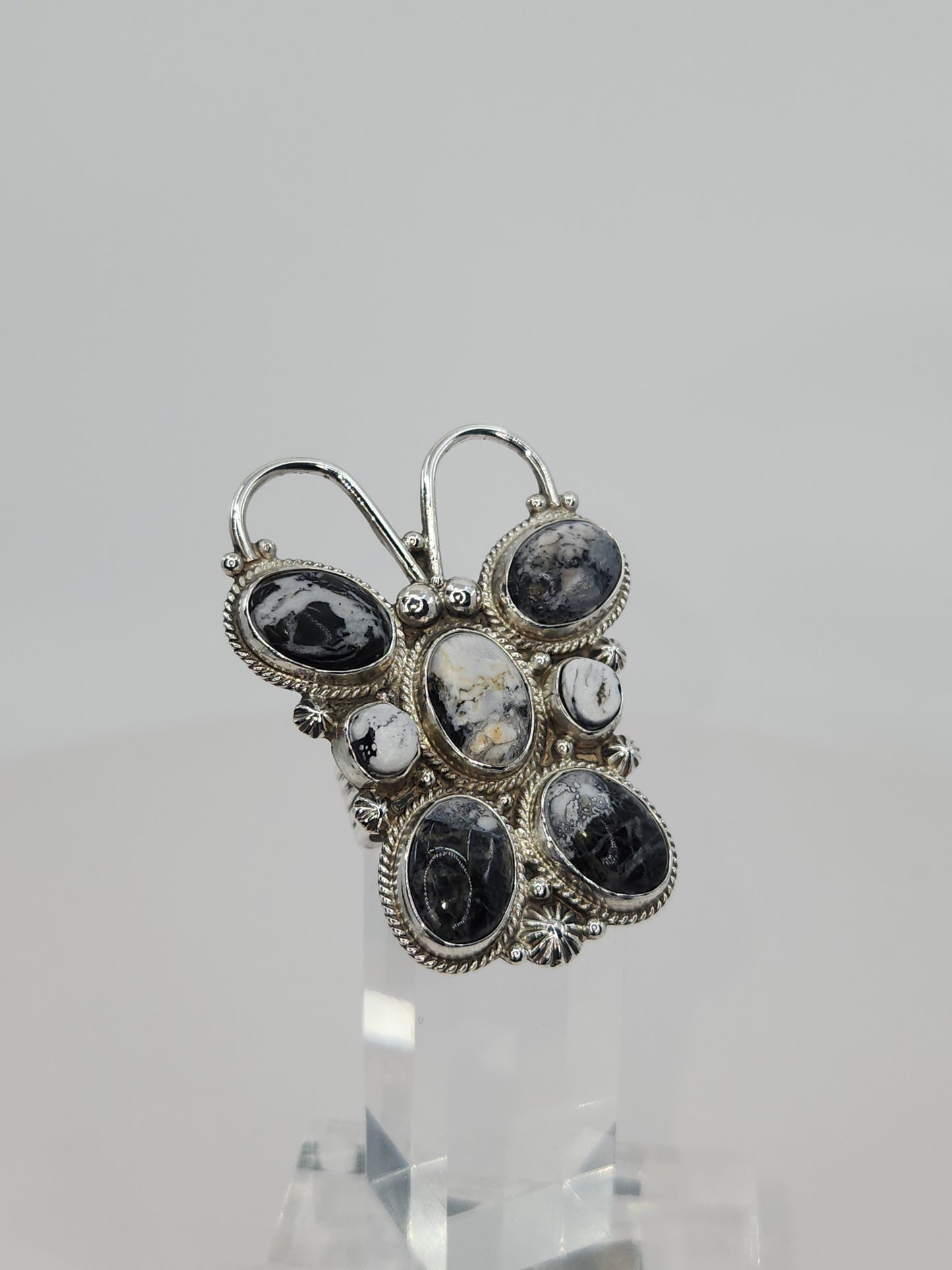 Desert Treasure: White Buffalo Butterfly Ring with black and white stone in Sterling Silver