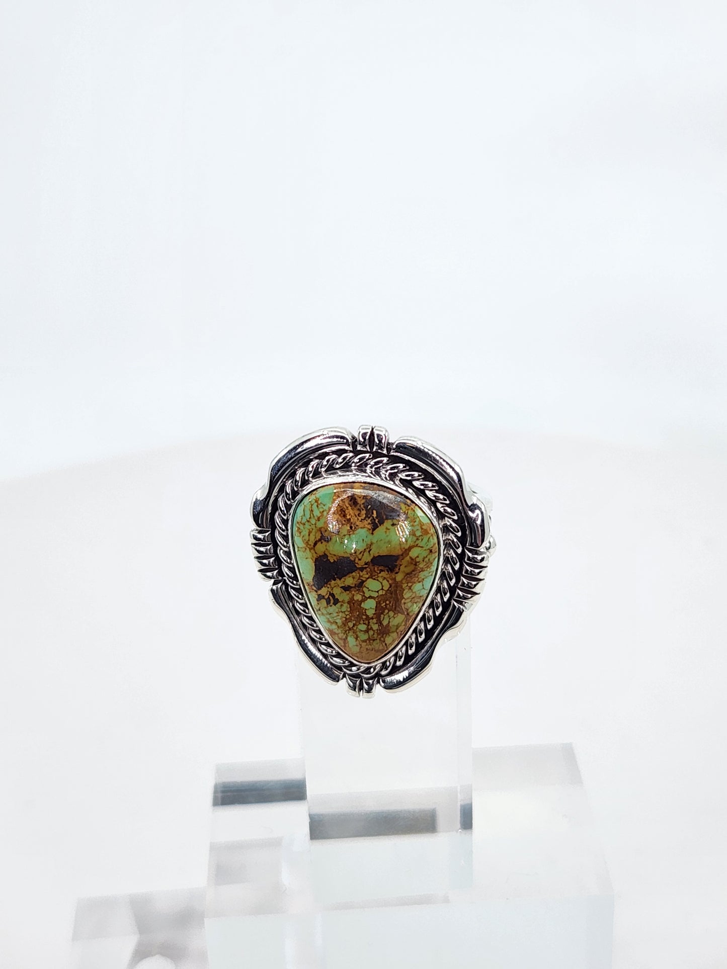 Desert Treasure: Green and Brown Turquoise Ring set in Intricate Sterling Silver