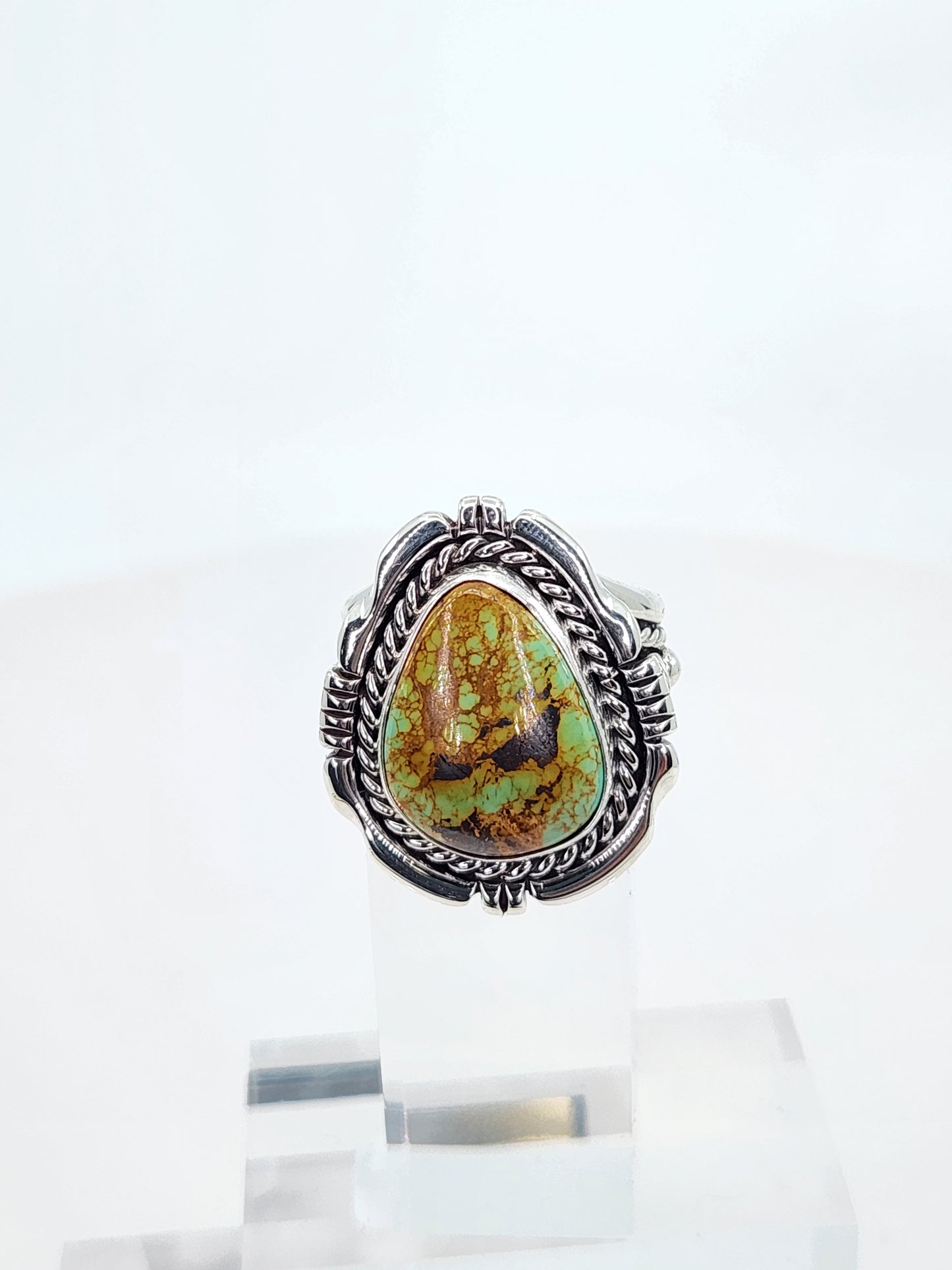 Desert Treasure: Green and Brown Turquoise Ring set in Intricate Sterling Silver