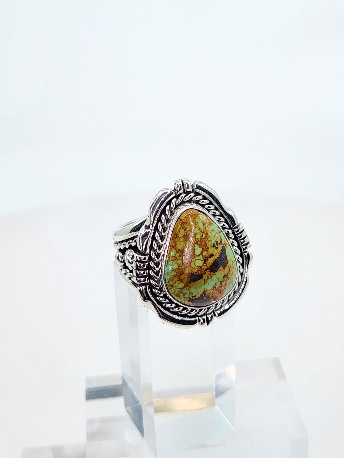 Desert Treasure: Green and Brown Turquoise Ring set in Intricate Sterling Silver